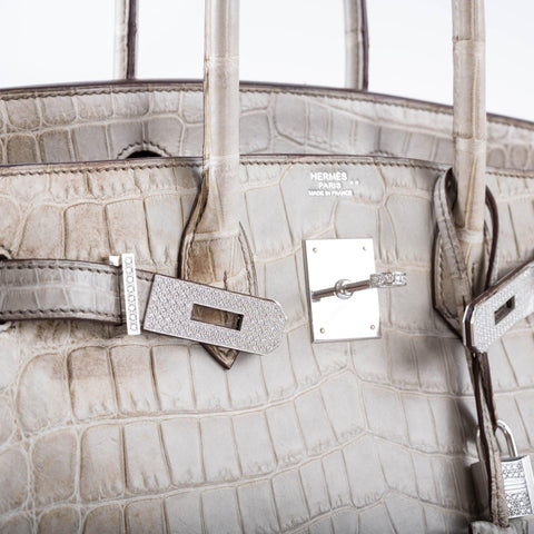 Hermès Birkin 30 Gris Cendre Himalaya Niloticus Crocodile 18K White Gold & Diamond Hardware - 2010, N Square
