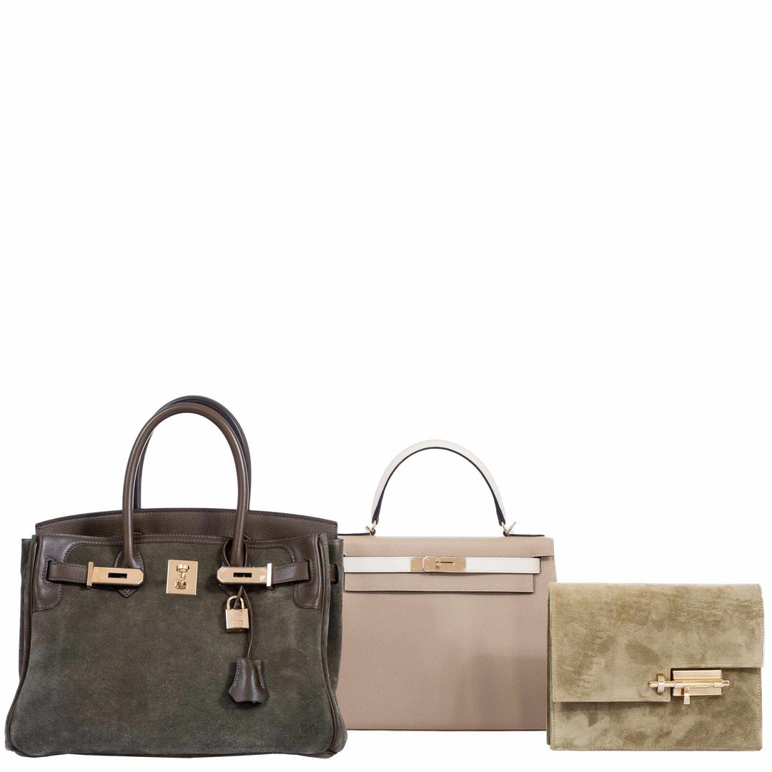 Hermès Birkin 30 Grizzly Vert de Gris Suede & Veau Swift Permabrass Ha ...