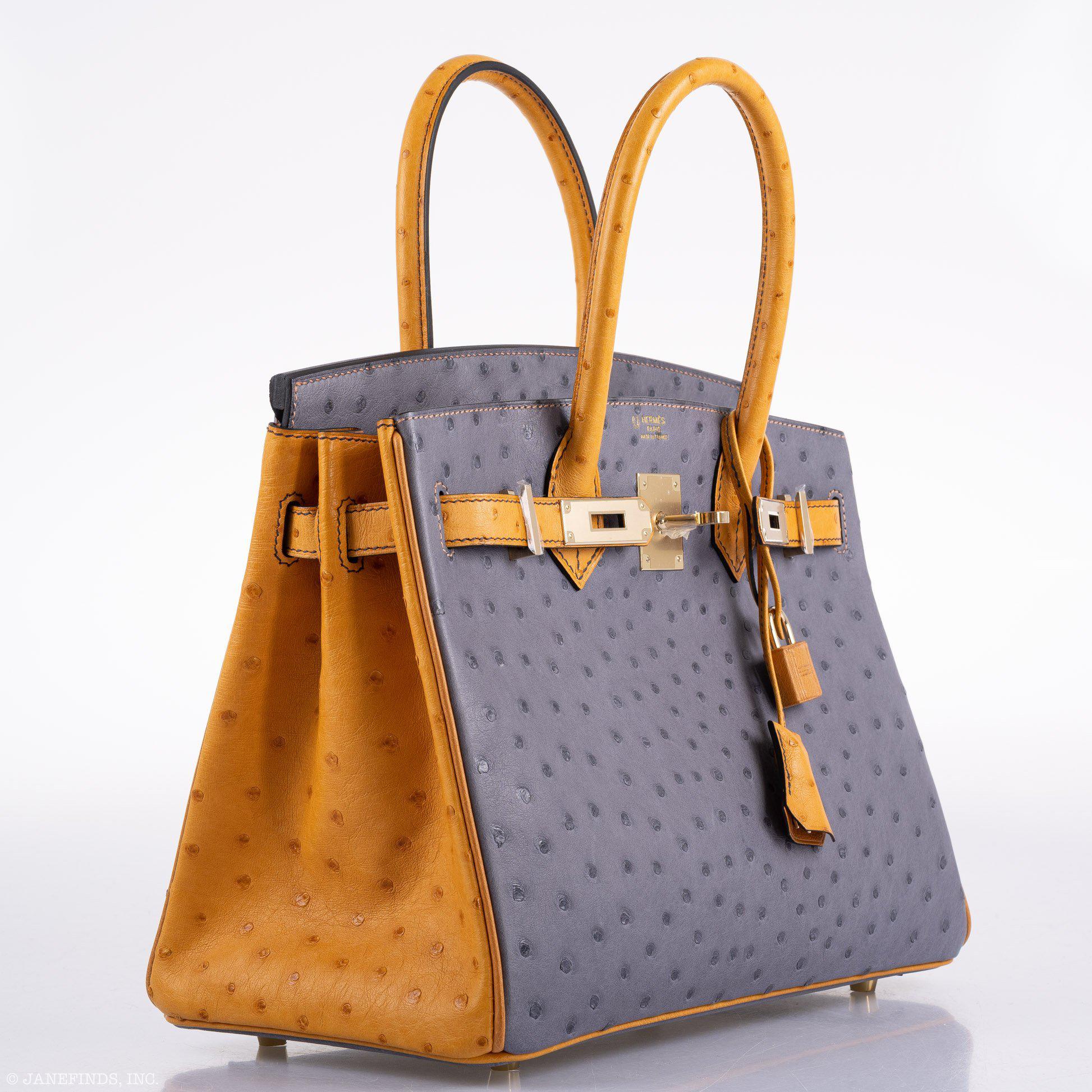 Hermès Birkin 30 HSS Gris Agate & Saffron Ostrich Gold Hardware