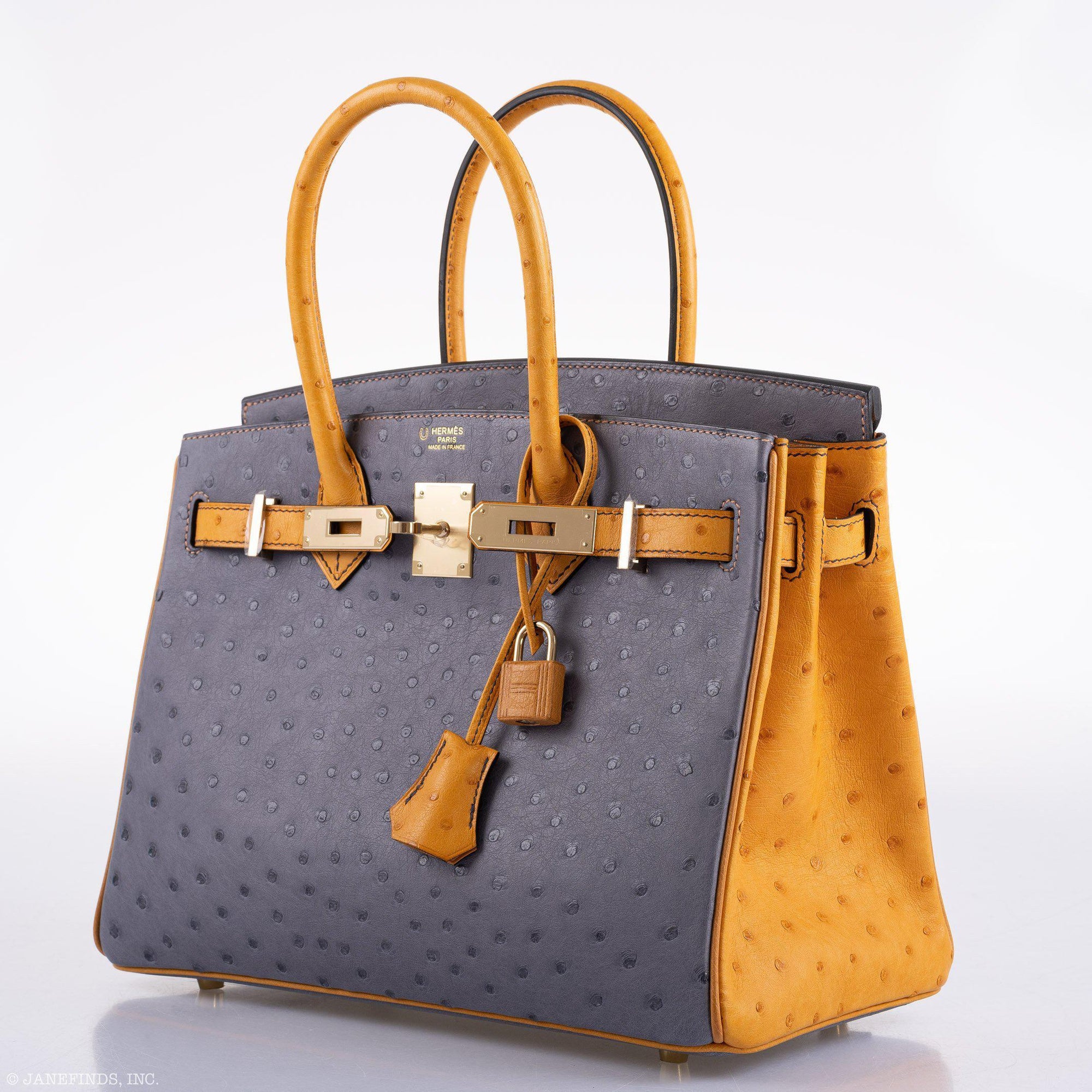 Hermès Birkin 30 HSS Gris Agate & Saffron Ostrich Gold Hardware