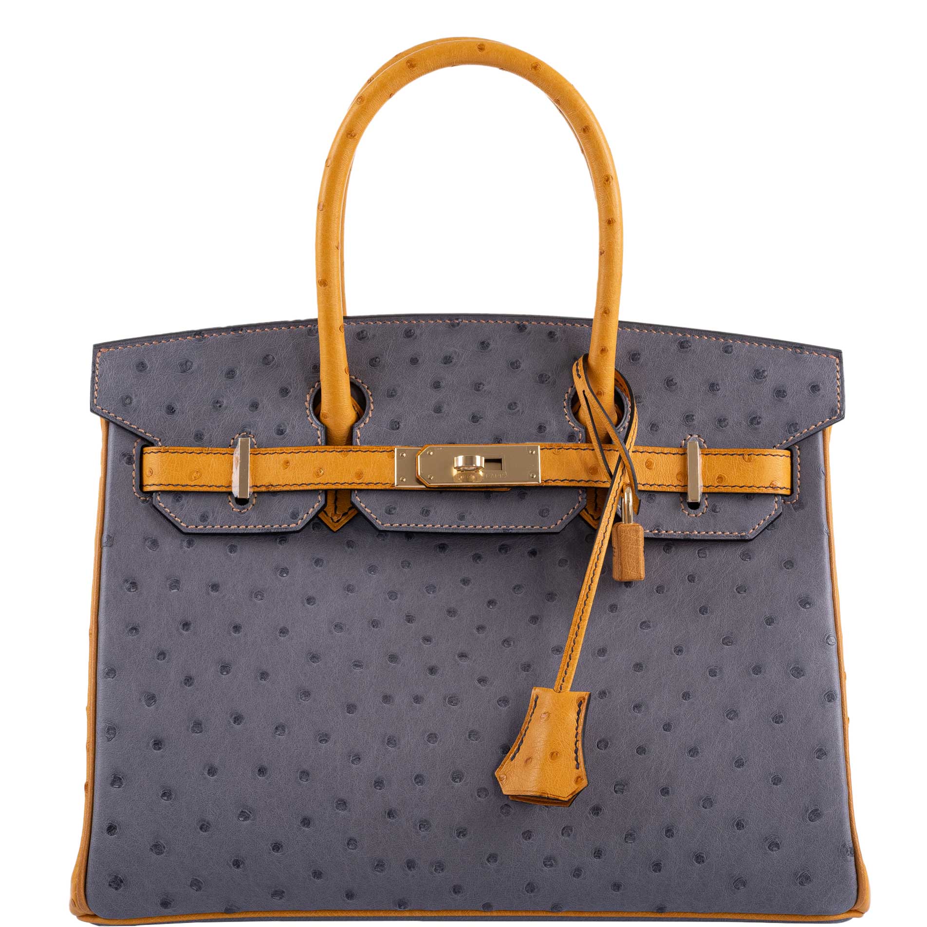 Hermès Birkin 30 HSS Gris Agate & Saffron Ostrich Gold Hardware