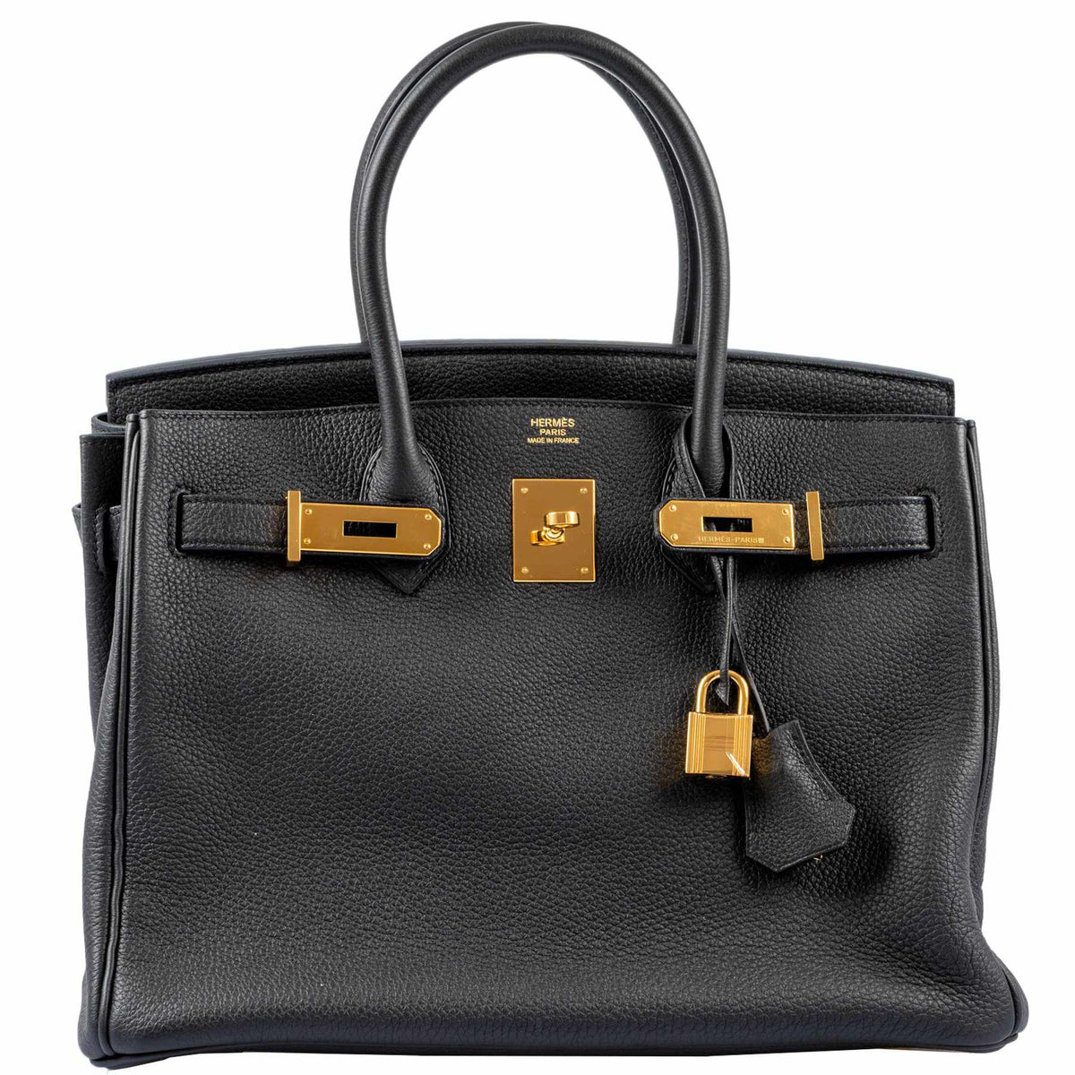 Hermès Birkin 30 Noir Togo Gold Hardware, front detail with lock and clochette