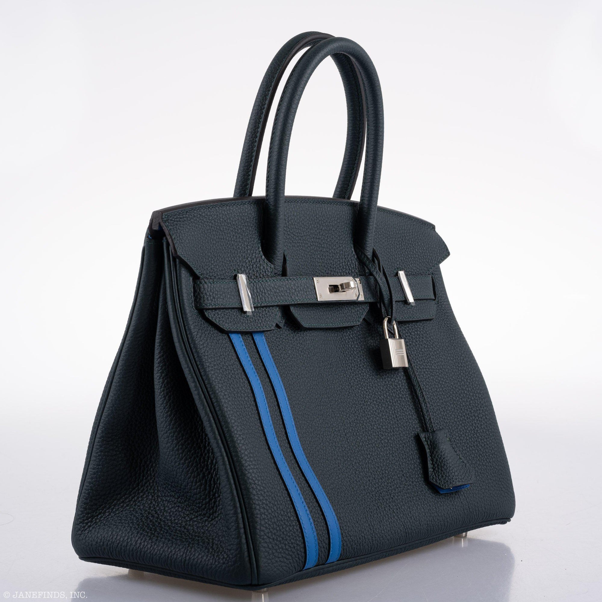 Hermès Birkin 30 Officier Vert Cyprès Togo & Bleu Zellige Stripe & Lining Palladium Hardware