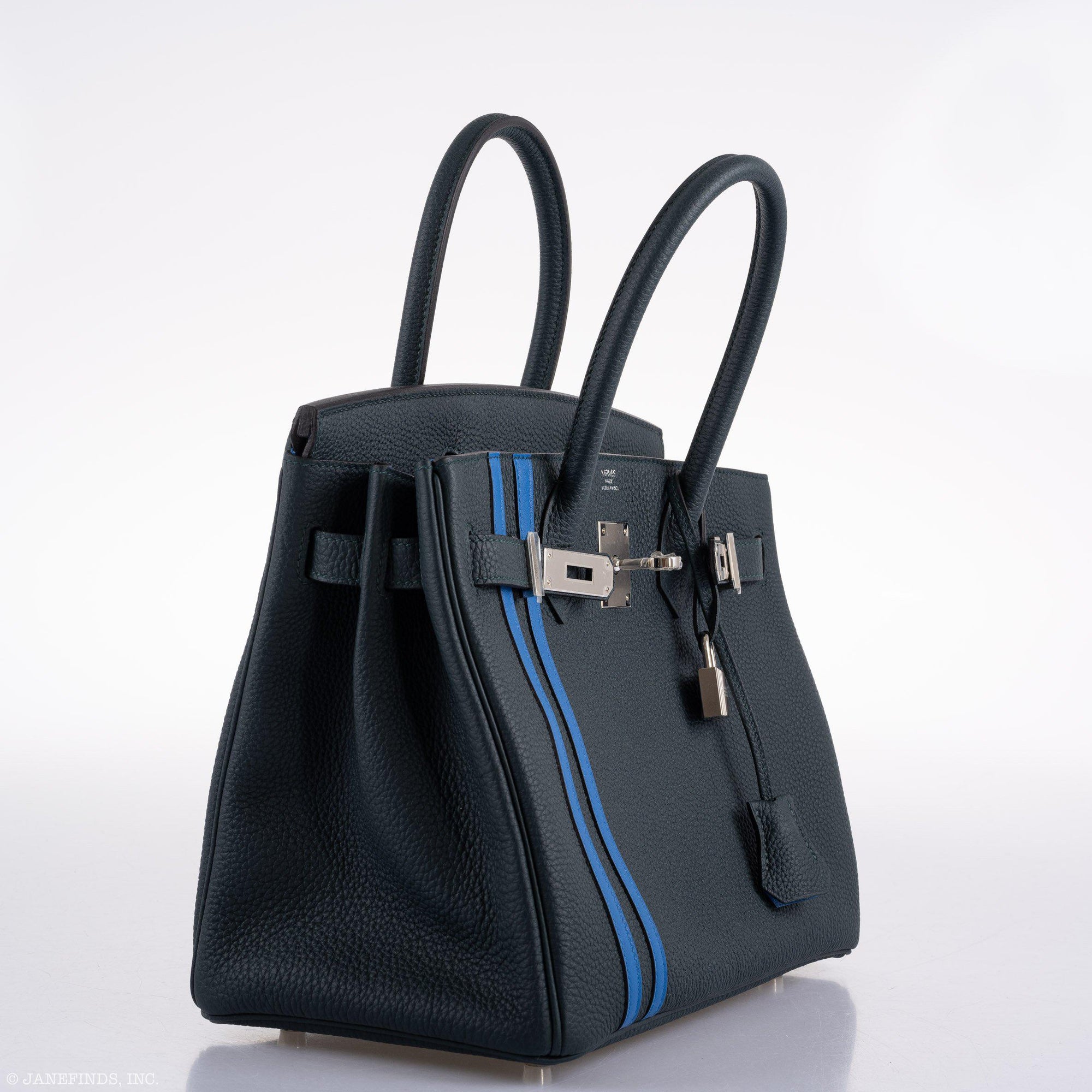 Hermès Birkin 30 Officier Vert Cyprès Togo & Bleu Zellige Stripe & Lining Palladium Hardware