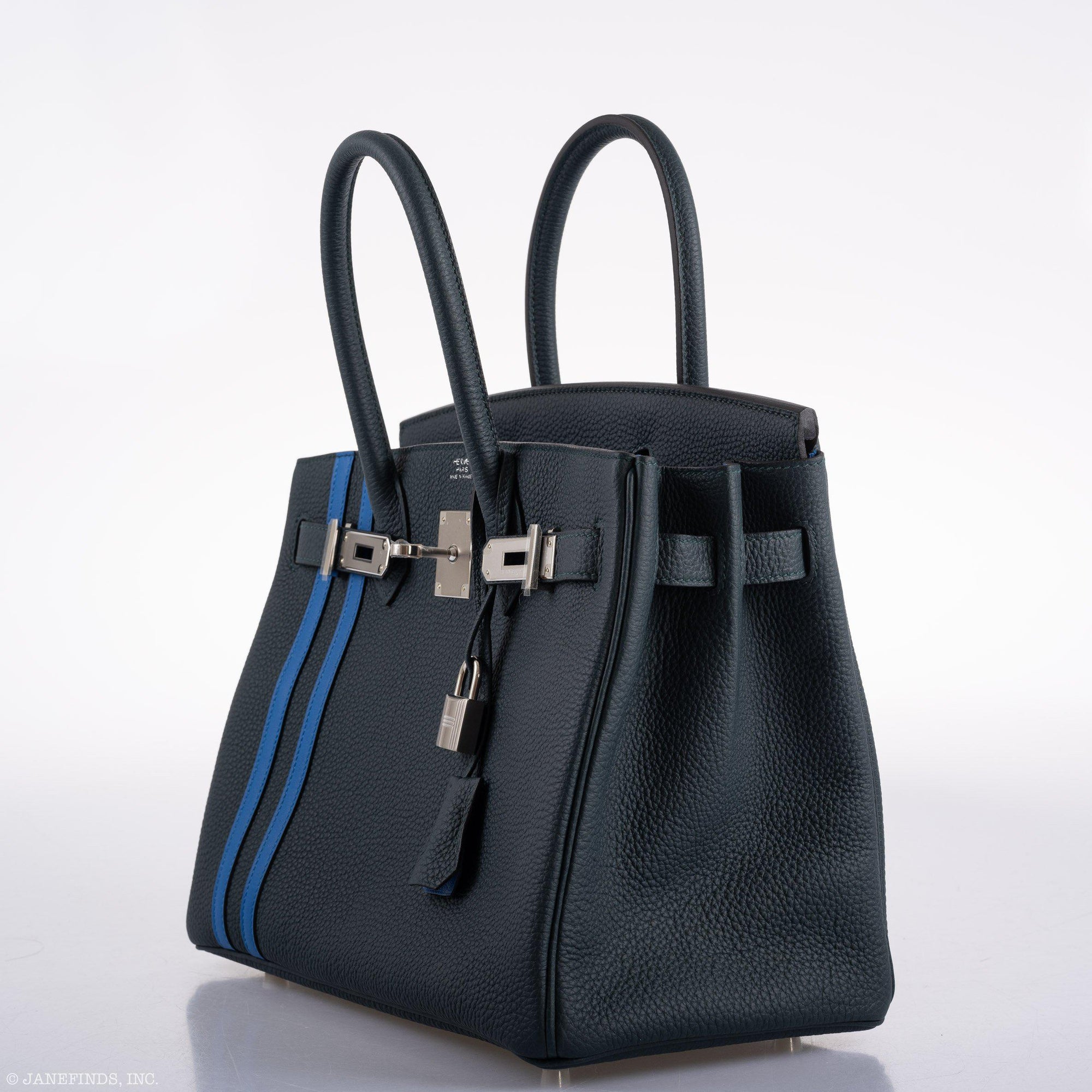Hermès Birkin 30 Officier Vert Cyprès Togo & Bleu Zellige Stripe & Lining Palladium Hardware