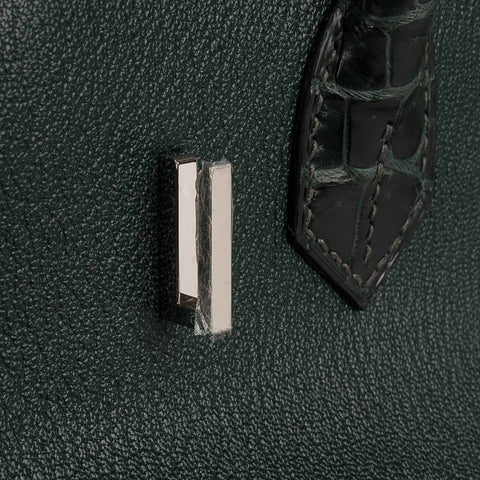 Hermès Birkin 30 "Patchwork" Vert Fonce Vert Titen Emerald Chevre Clemence Box Calf Porosus Crocodile Palladium Hardware
