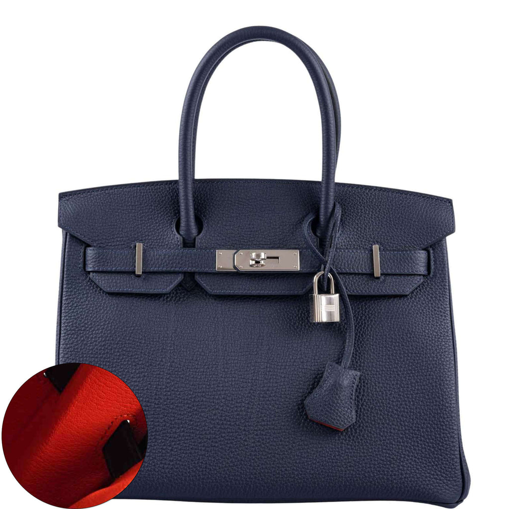 Hermès Birkin 30 Blue Nuit Verso Orange Poppy Togo Palladium Hardware