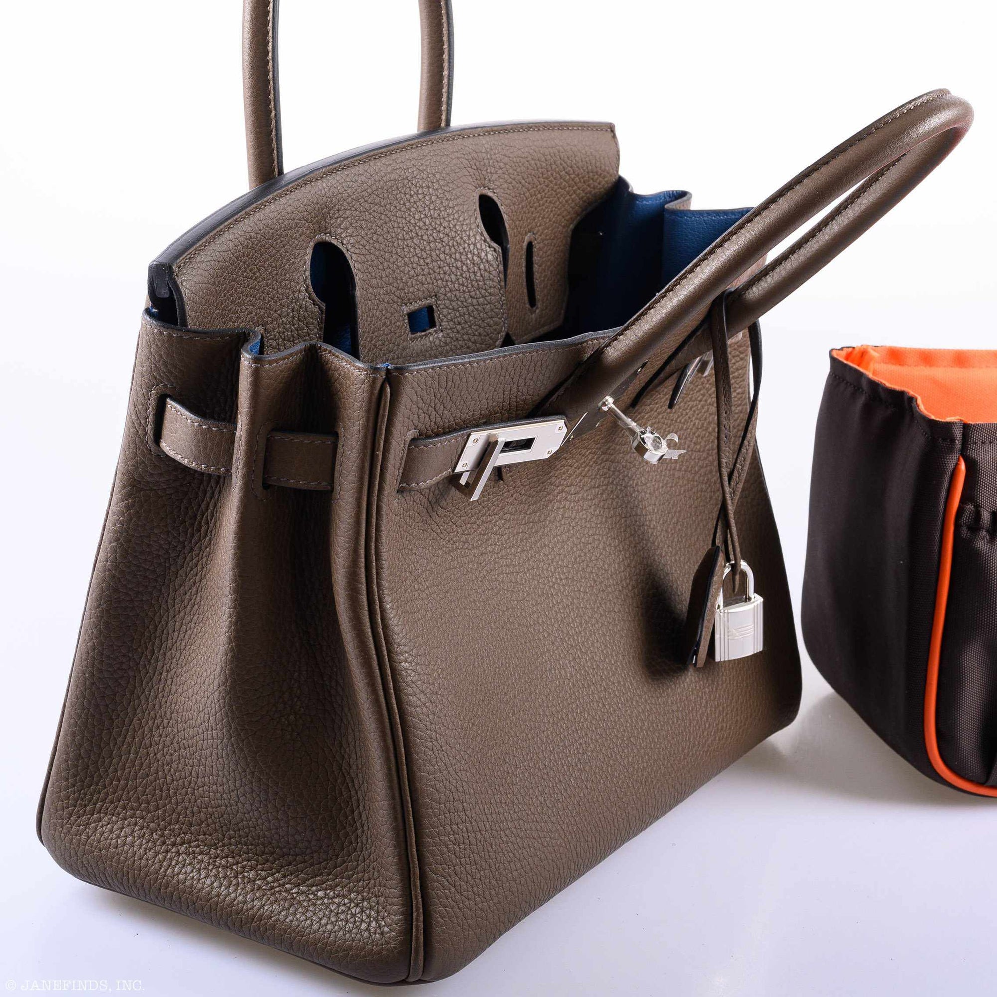 Hermès Birkin 30 Verso Taupe & Blue Agate Clemence Palladium Hardware