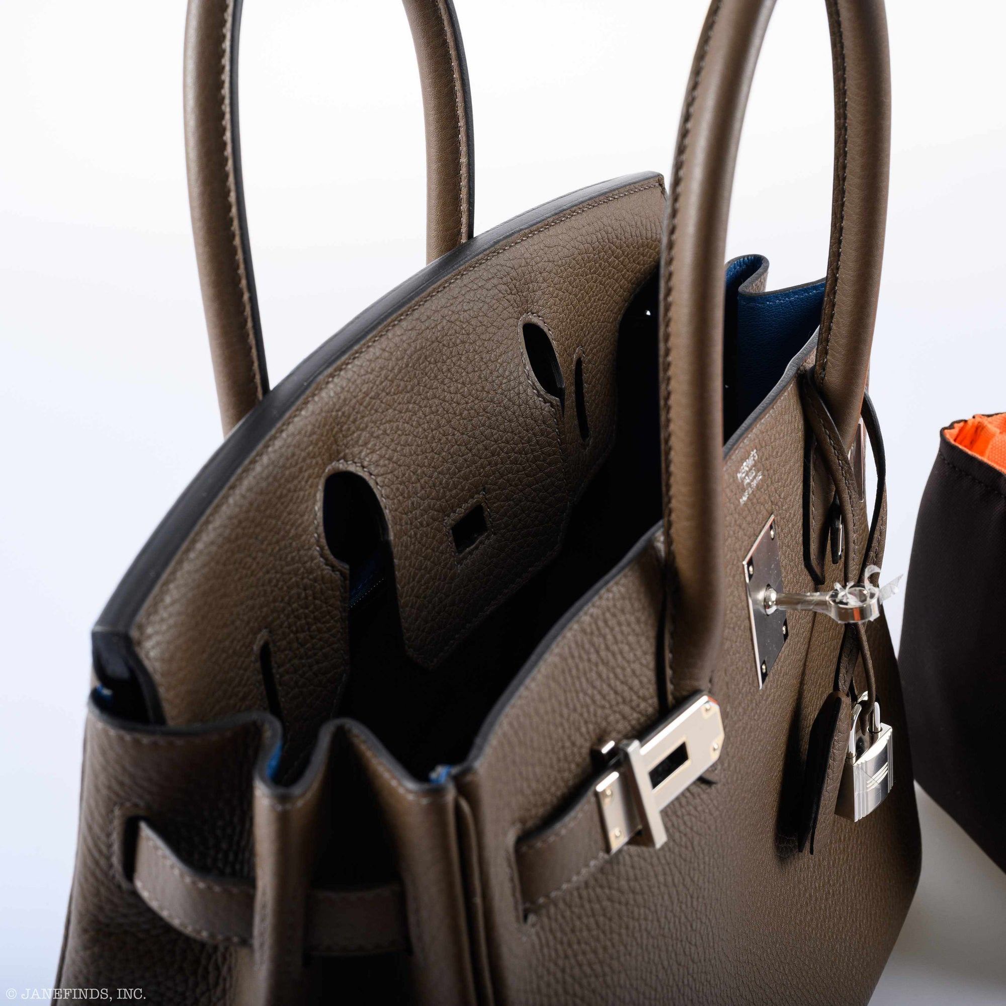 Hermès Birkin 30 Verso Taupe & Blue Agate Clemence Palladium Hardware