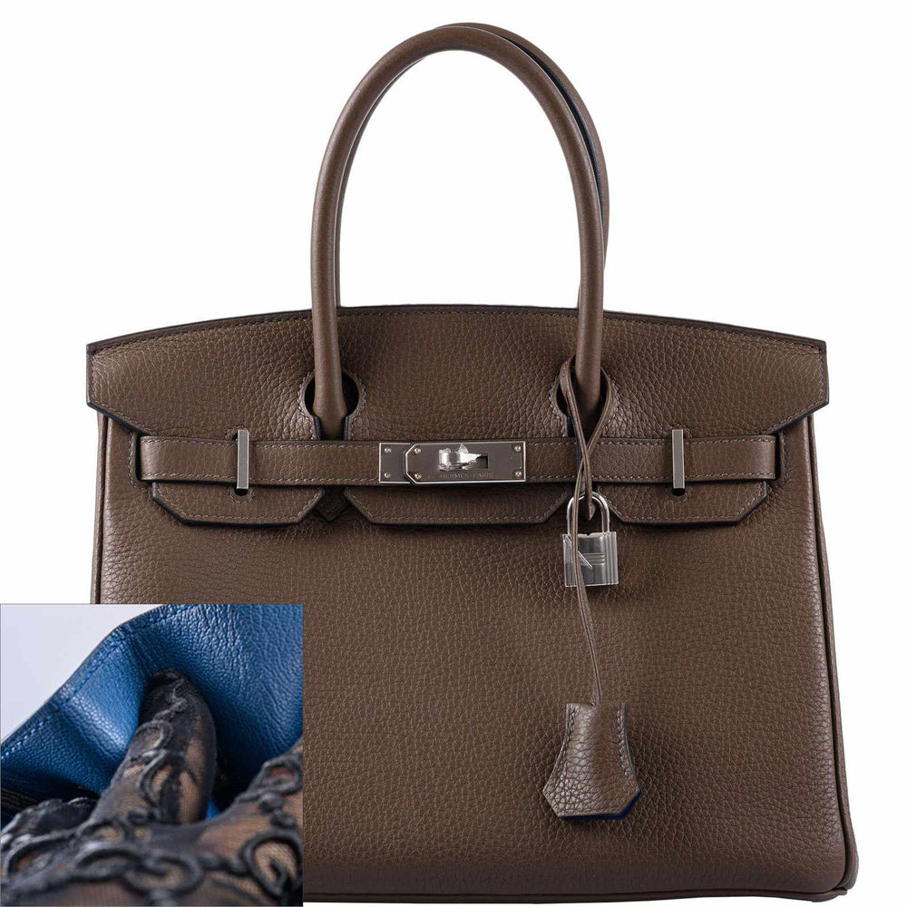 Hermès Birkin 30 Verso Taupe & Blue Agate Clemence Palladium Hardware