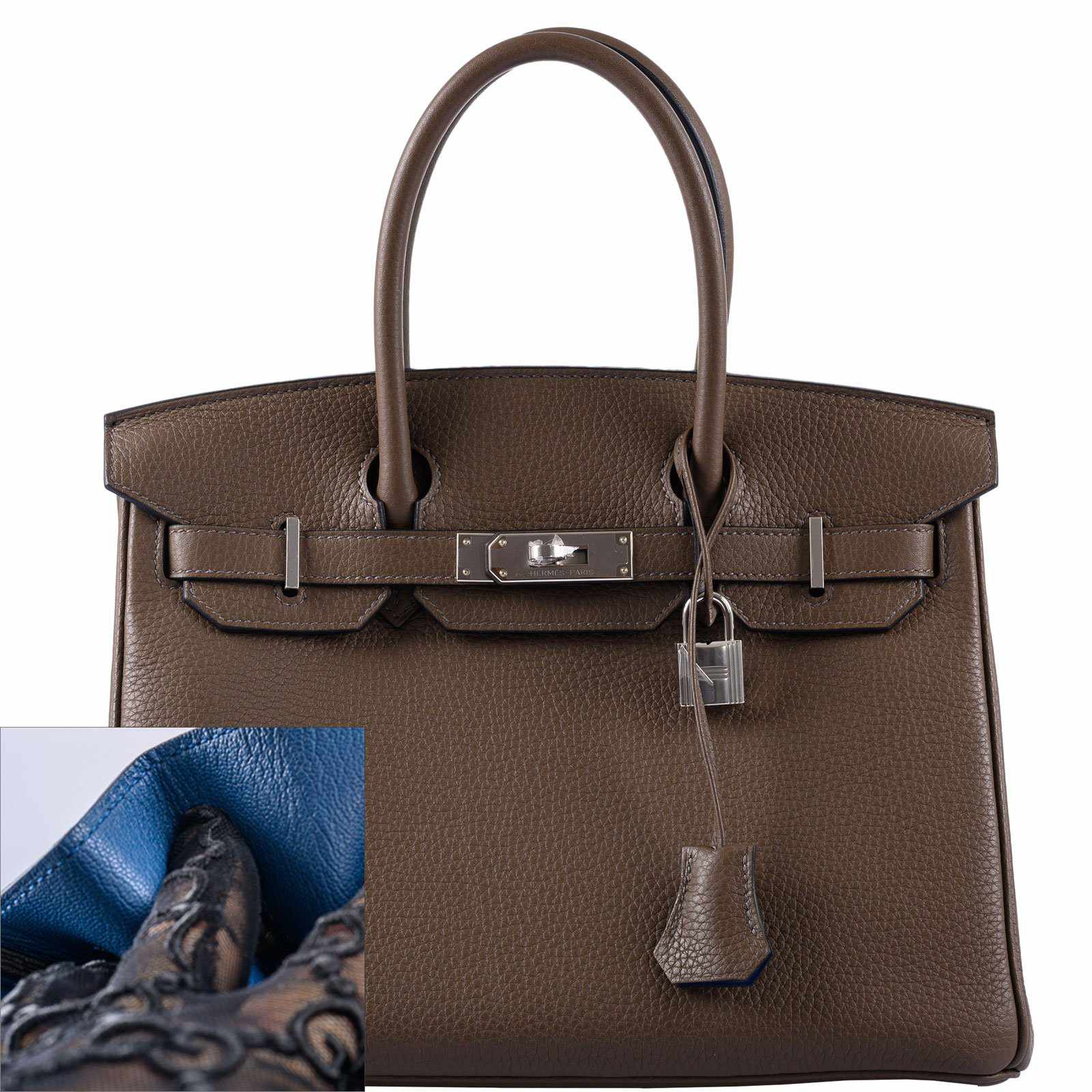 Hermès Birkin 30 Verso Taupe & Blue Agate Clemence Palladium Hardware