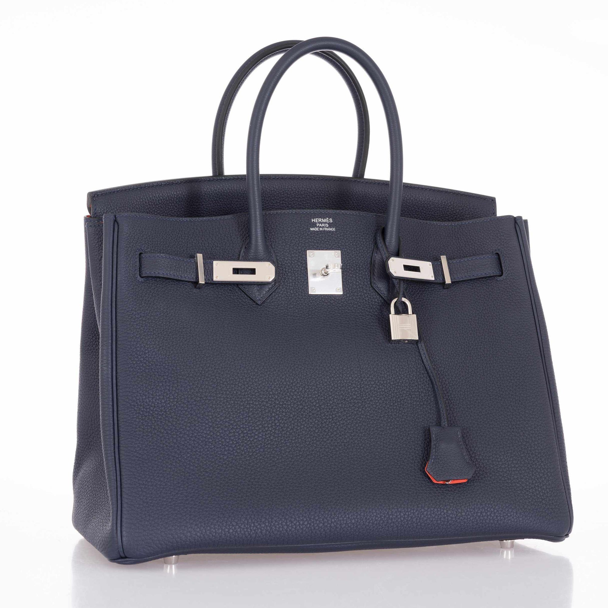 Hermès Birkin 35 Blue Nuit Verso Orange Poppy Togo Palladium Hardware