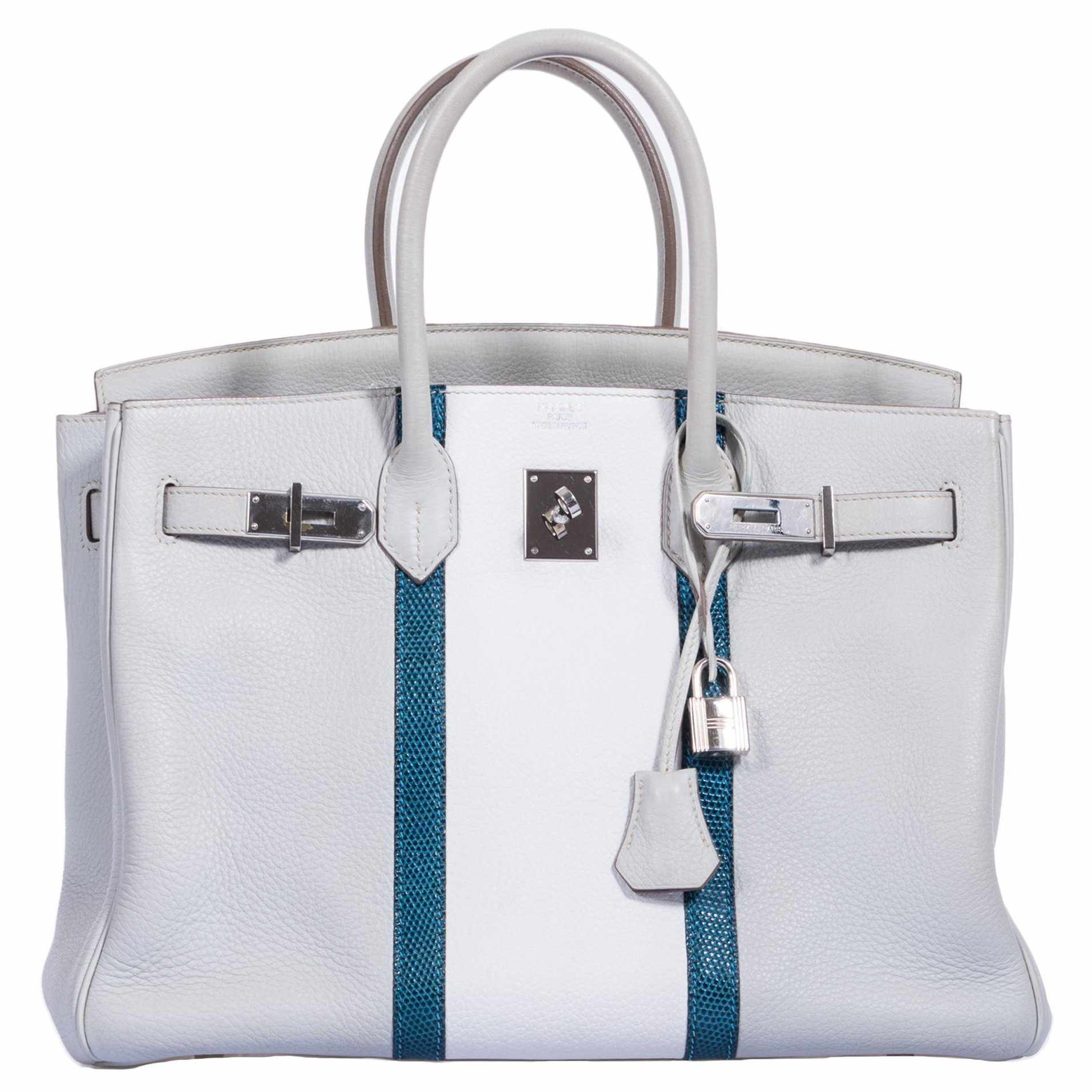 Hermès Birkin 35 Club Gris Perle & White Clemence Mykonos Lizard Palladium Hardware