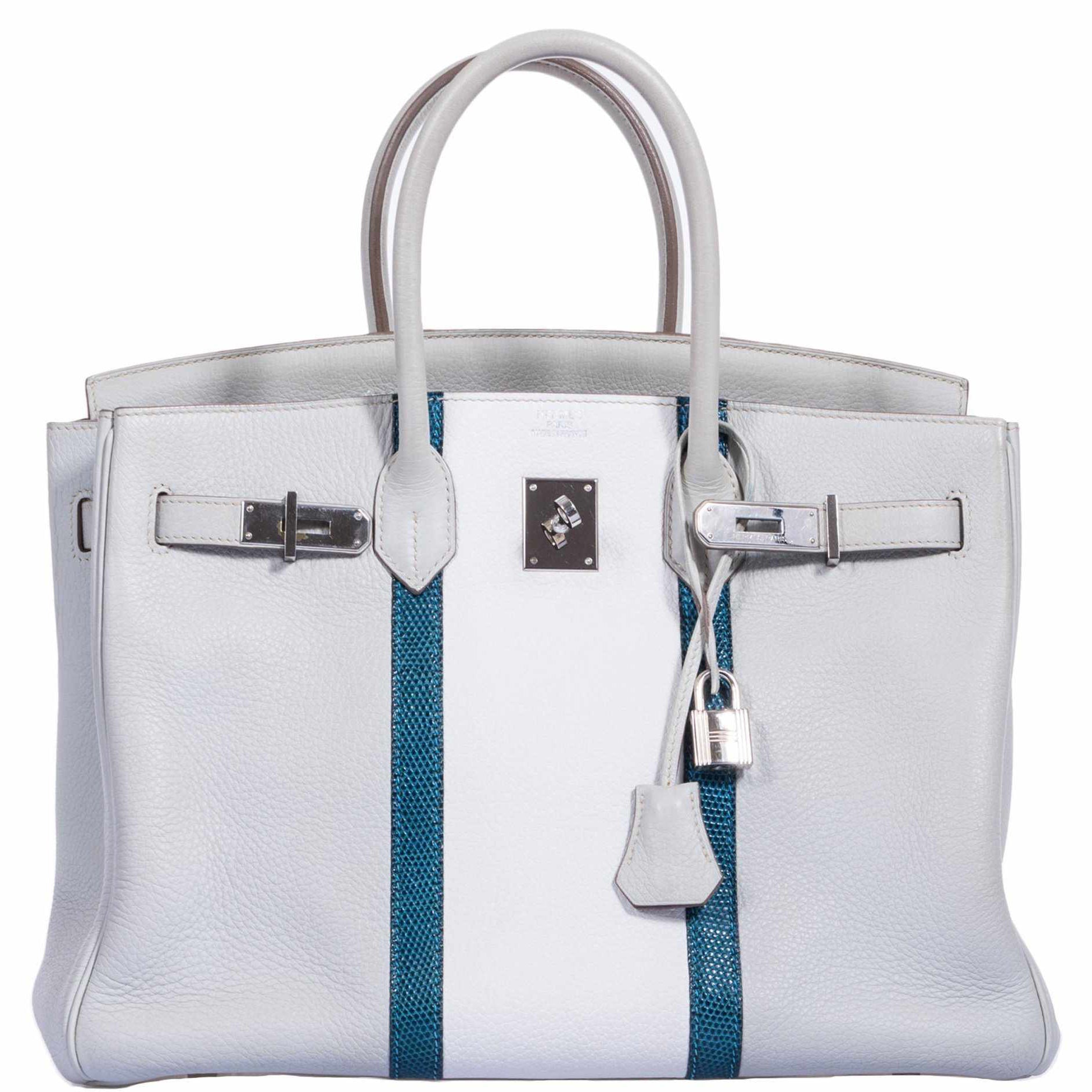Hermès Birkin 35 Club Gris Perle & White Clemence Mykonos Lizard Palladium Hardware