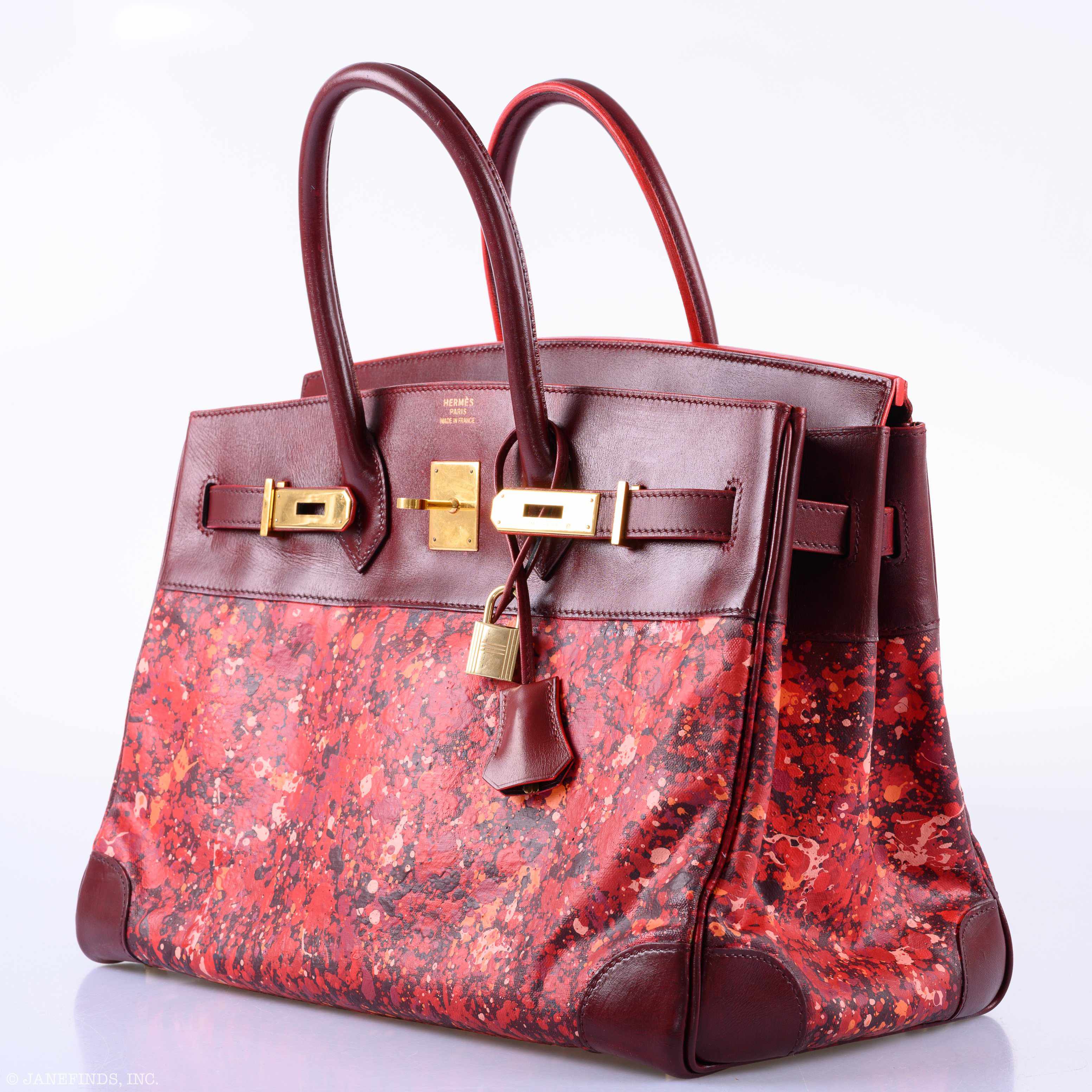 Hermès Birkin 35 “Floating Cranberries” Rouge H Calf Box Leather & Canvas Gold Hardware * JaneFinds Custom Shop