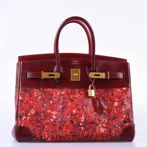 Hermès Birkin 35 “Floating Cranberries” Rouge H Calf Box Leather & Canvas Gold Hardware * JaneFinds Custom Shop