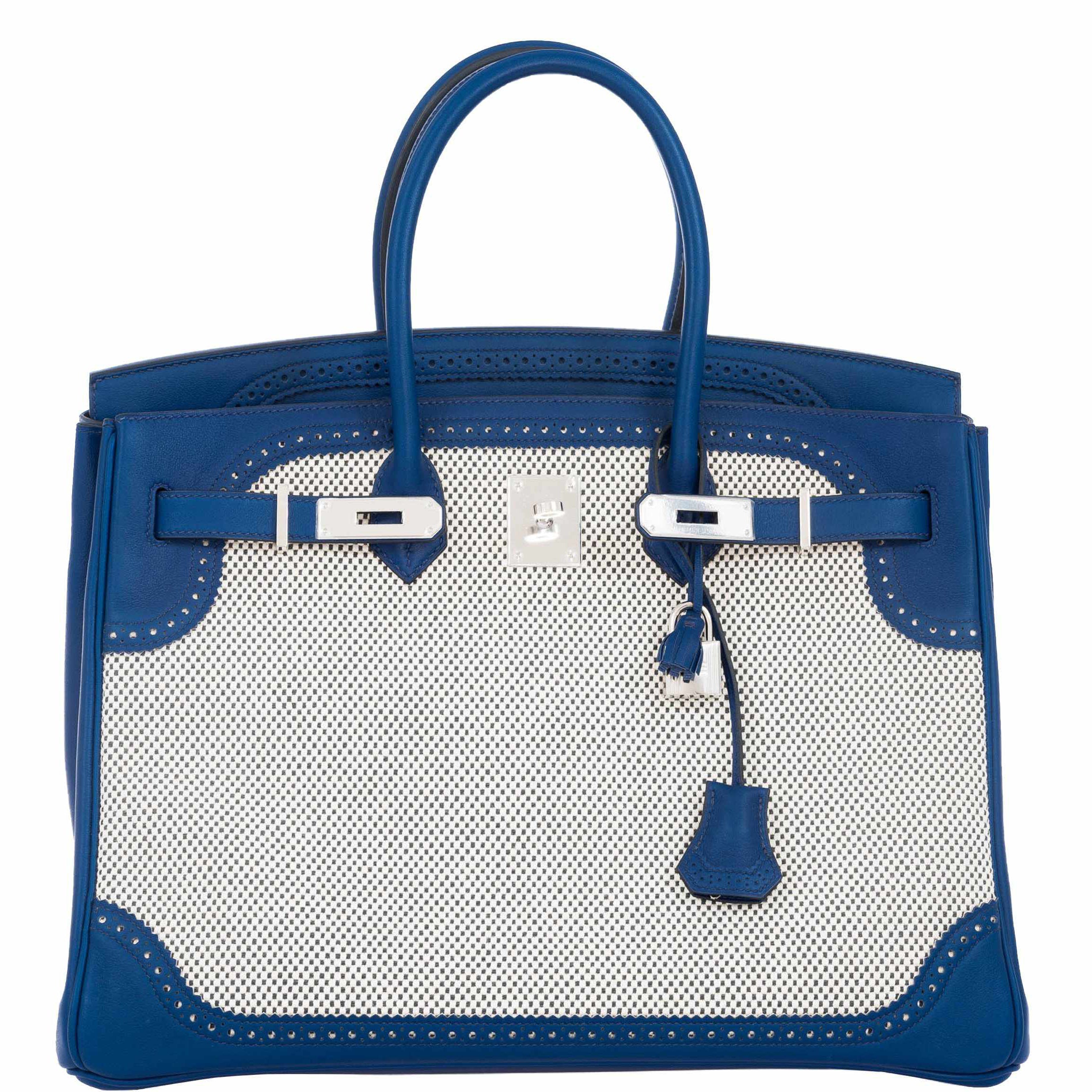Hermès Birkin 35 Ghillies Bleu Saphir Swift Leather and Toile Palladium Hardware