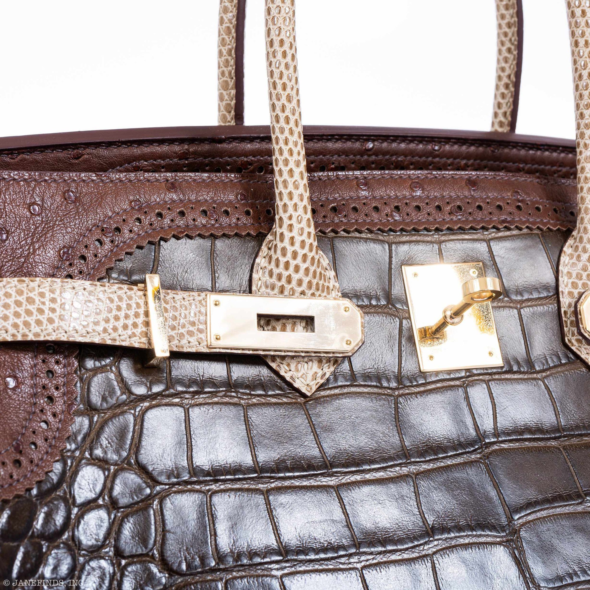 Hermès Birkin 35 "Ghillies" Grand Mariage Tri-Exotic Gris Elephant, Etrusque & Ficelle Permabrass Hardware
