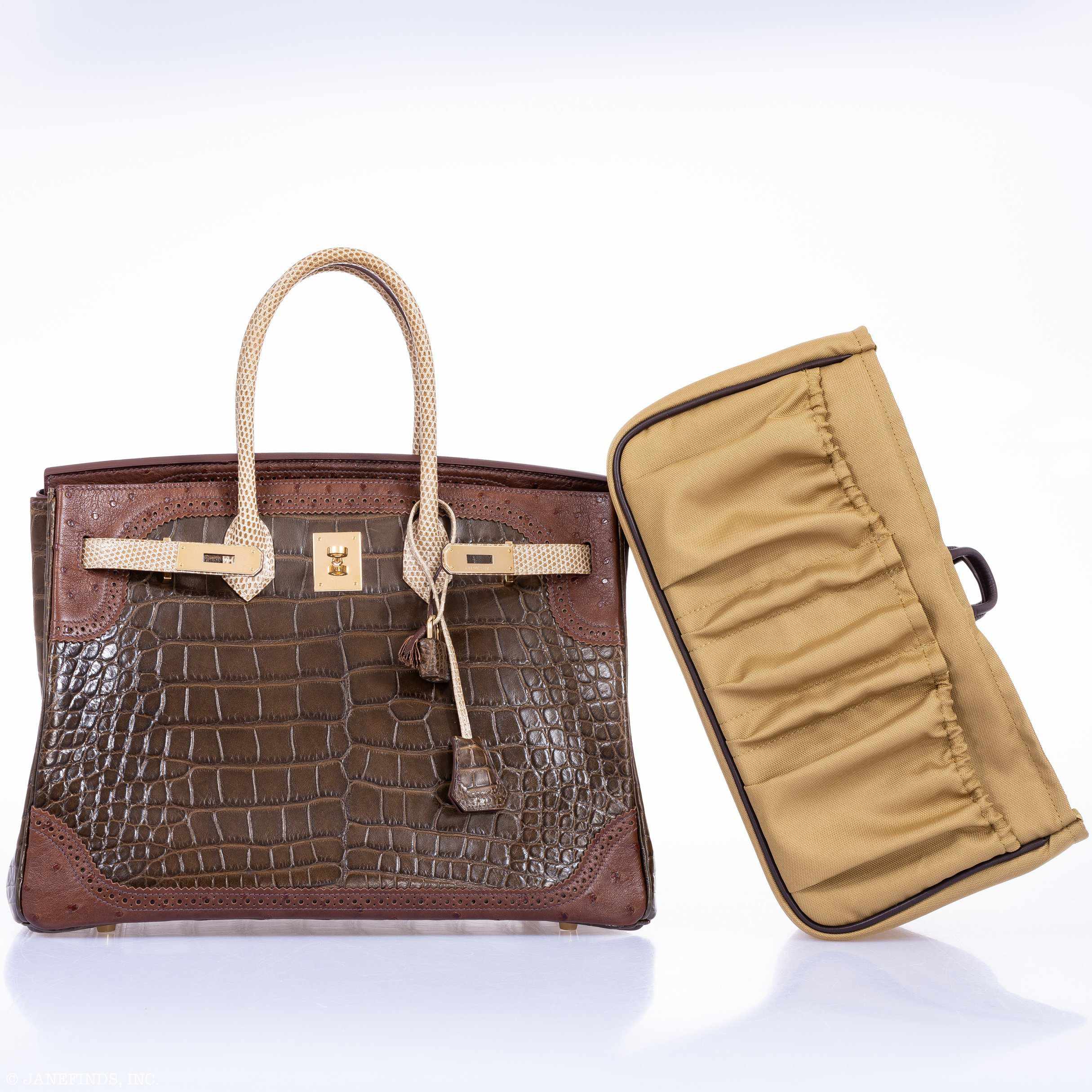 Hermès Birkin 35 "Ghillies" Grand Mariage Tri-Exotic Gris Elephant, Etrusque & Ficelle Permabrass Hardware