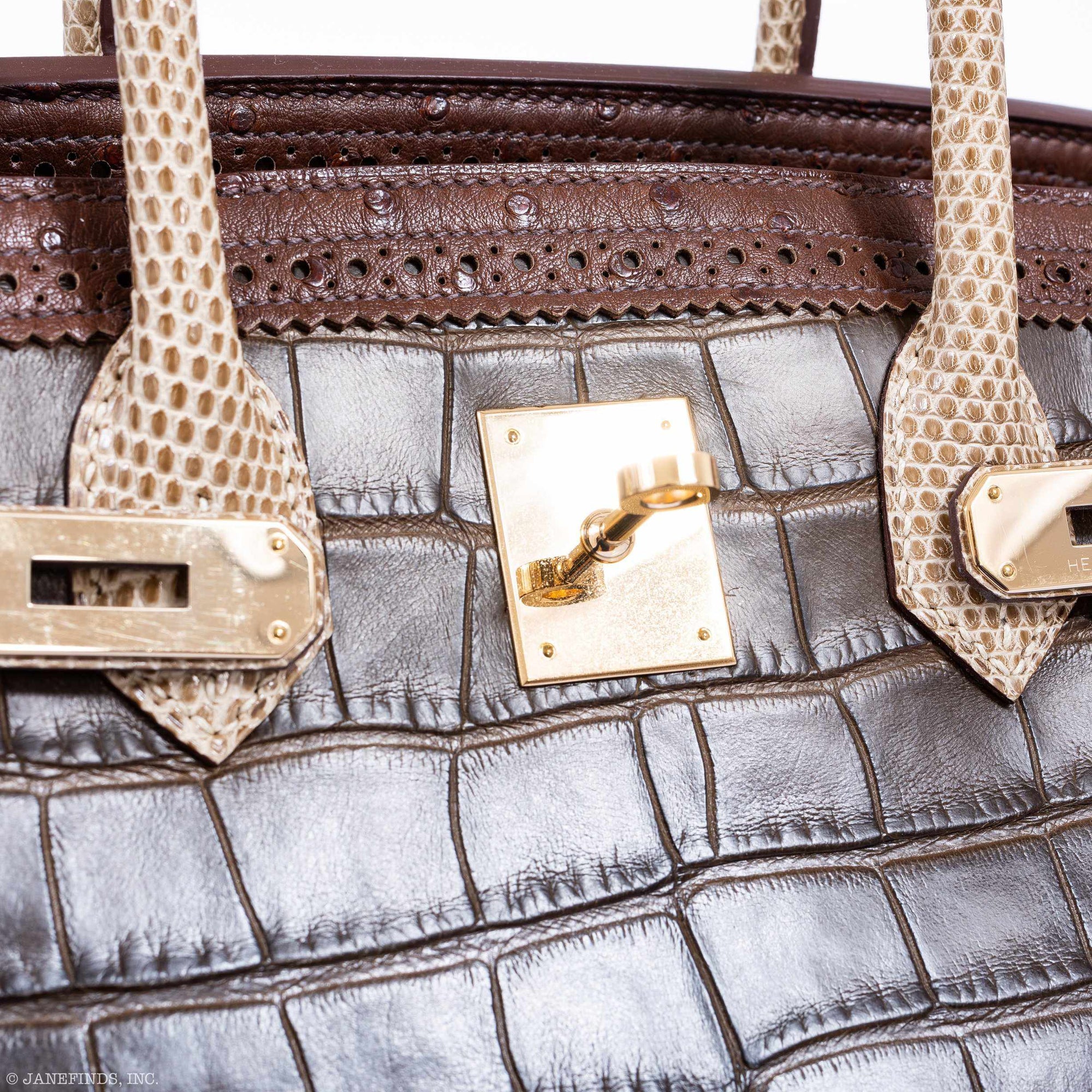 Hermès Birkin 35 "Ghillies" Grand Mariage Tri-Exotic Gris Elephant, Etrusque & Ficelle Permabrass Hardware