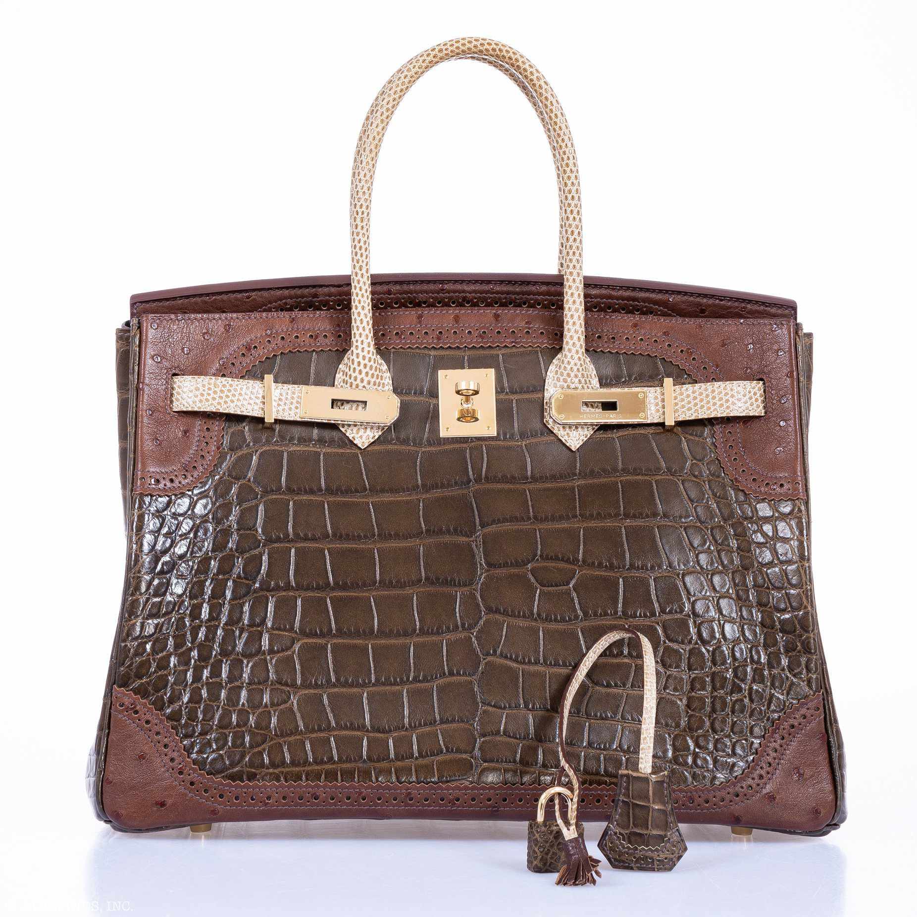 Hermès Birkin 35 "Ghillies" Grand Mariage Tri-Exotic Gris Elephant, Etrusque & Ficelle Permabrass Hardware