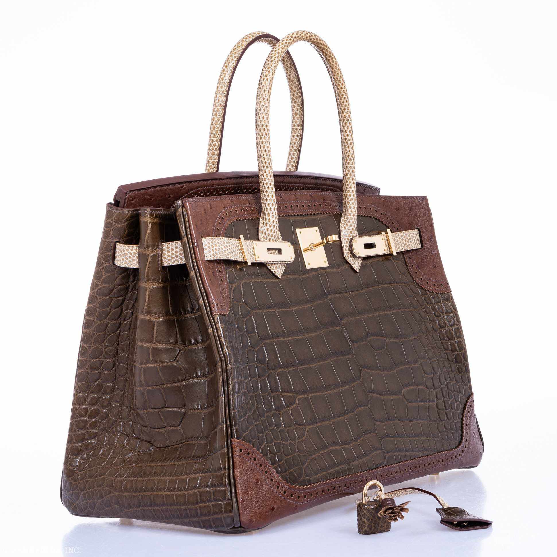 Hermès Birkin 35 "Ghillies" Grand Mariage Tri-Exotic Gris Elephant, Etrusque & Ficelle Permabrass Hardware