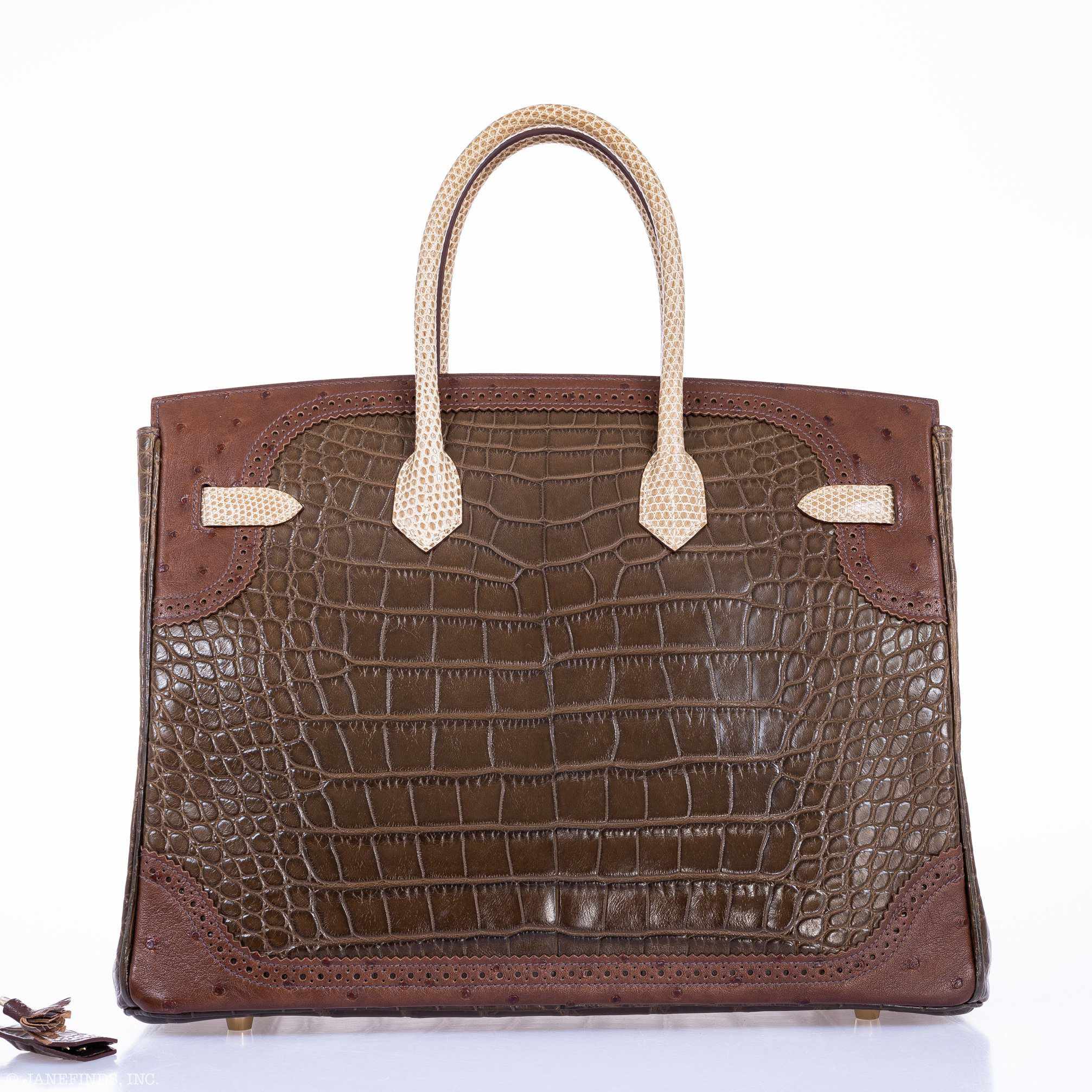 Hermès Birkin 35 "Ghillies" Grand Mariage Tri-Exotic Gris Elephant, Etrusque & Ficelle Permabrass Hardware
