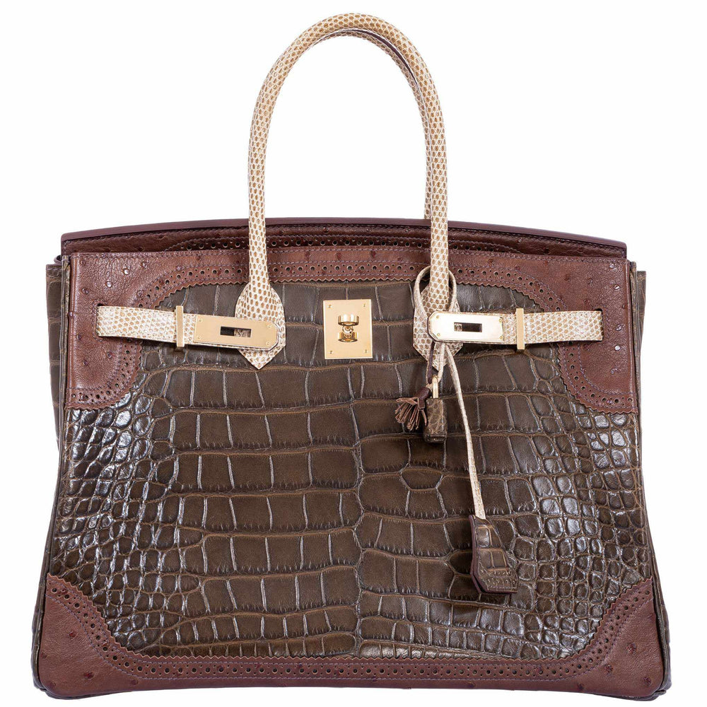 Hermès Birkin 35 "Ghillies" Grand Mariage Tri-Exotic Gris Elephant, Etrusque & Ficelle Permabrass Hardware