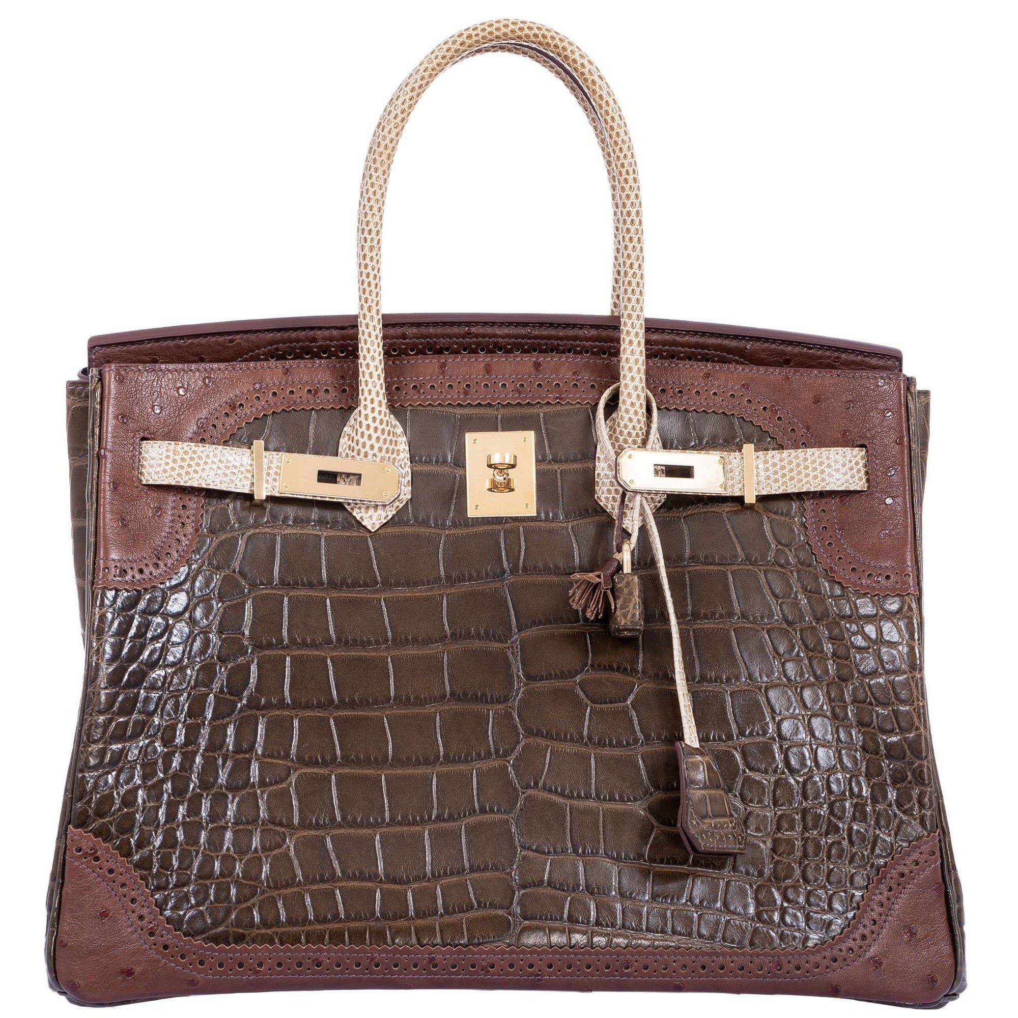 Hermès Birkin 35 "Ghillies" Grand Mariage Tri-Exotic Gris Elephant, Etrusque & Ficelle Permabrass Hardware