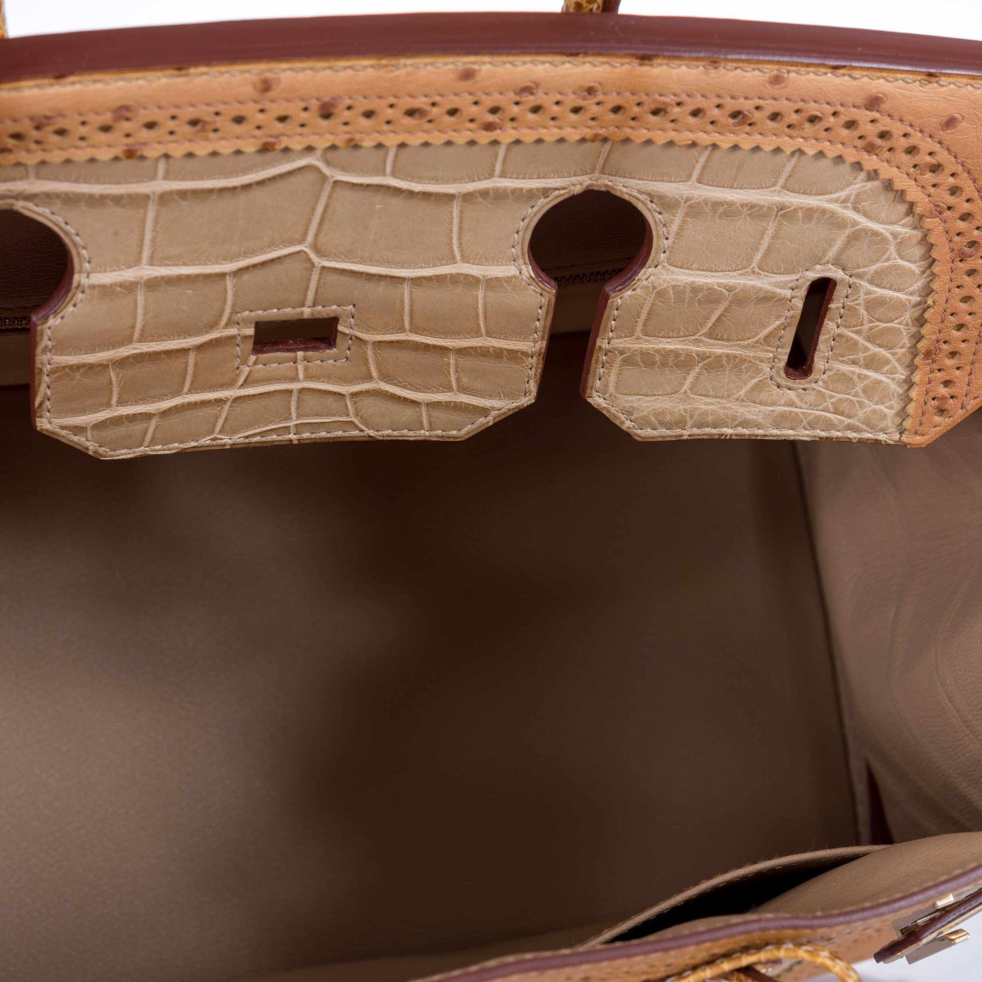 Hermès Birkin 35 Ghillies Grand Marriage Poussière Matte Alligator Tabac Camel Ostrich Sesame Lizard Permabrass Hardware
