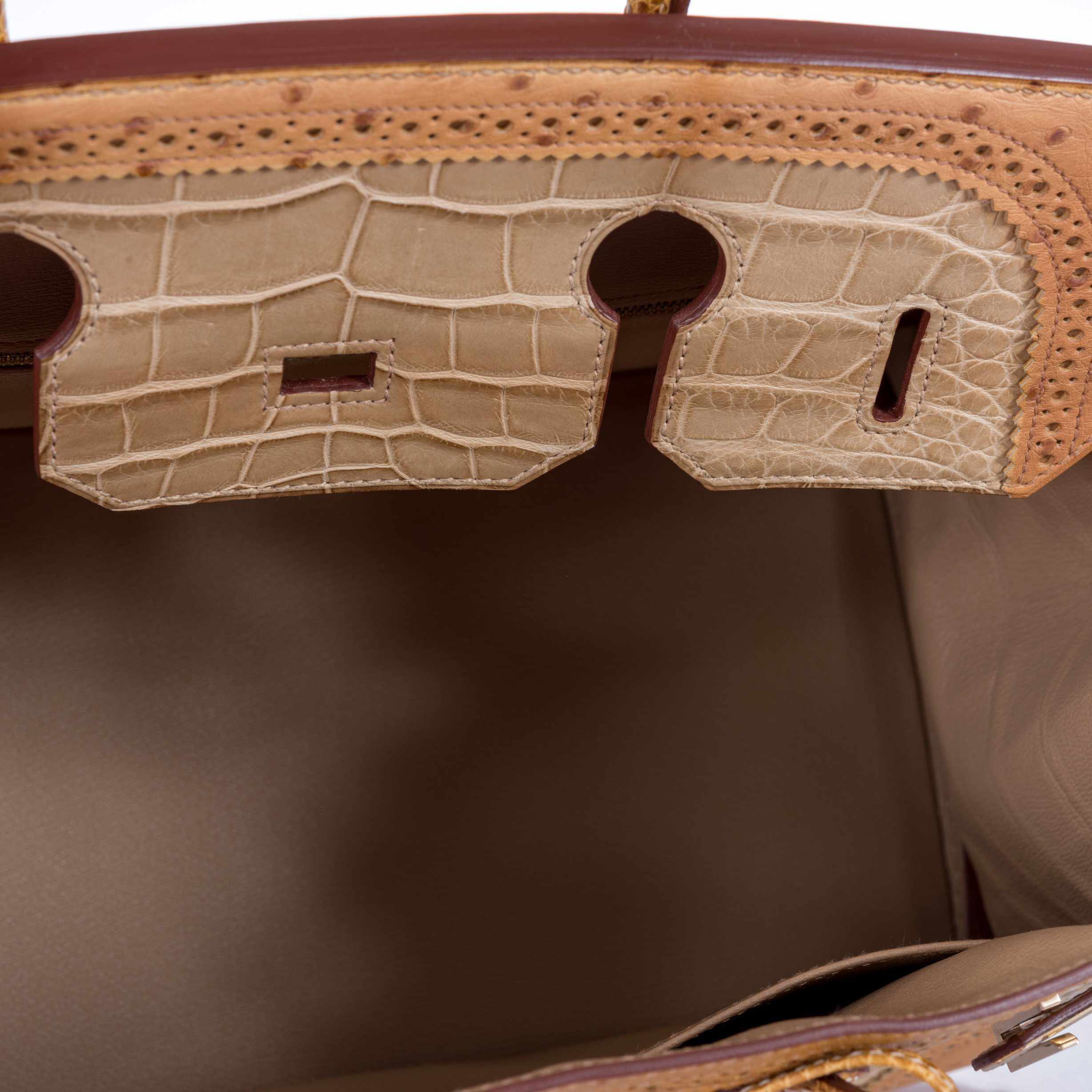 Hermès Birkin 35 Ghillies Grand Marriage Poussière Matte Alligator Tabac Camel Ostrich Sesame Lizard Permabrass Hardware