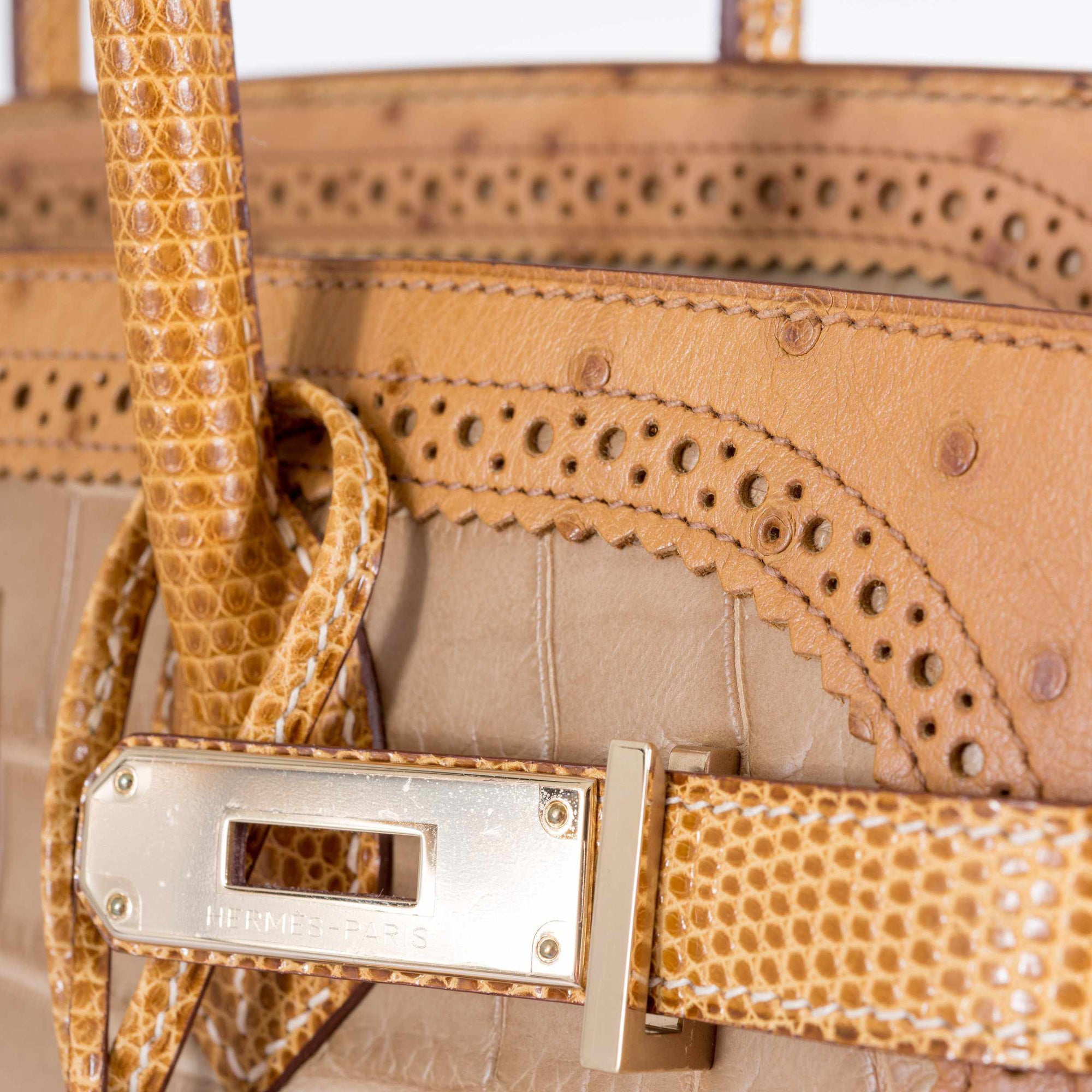 Hermès Birkin 35 Ghillies Grand Marriage Poussière Matte Alligator Tabac Camel Ostrich Sesame Lizard Permabrass Hardware