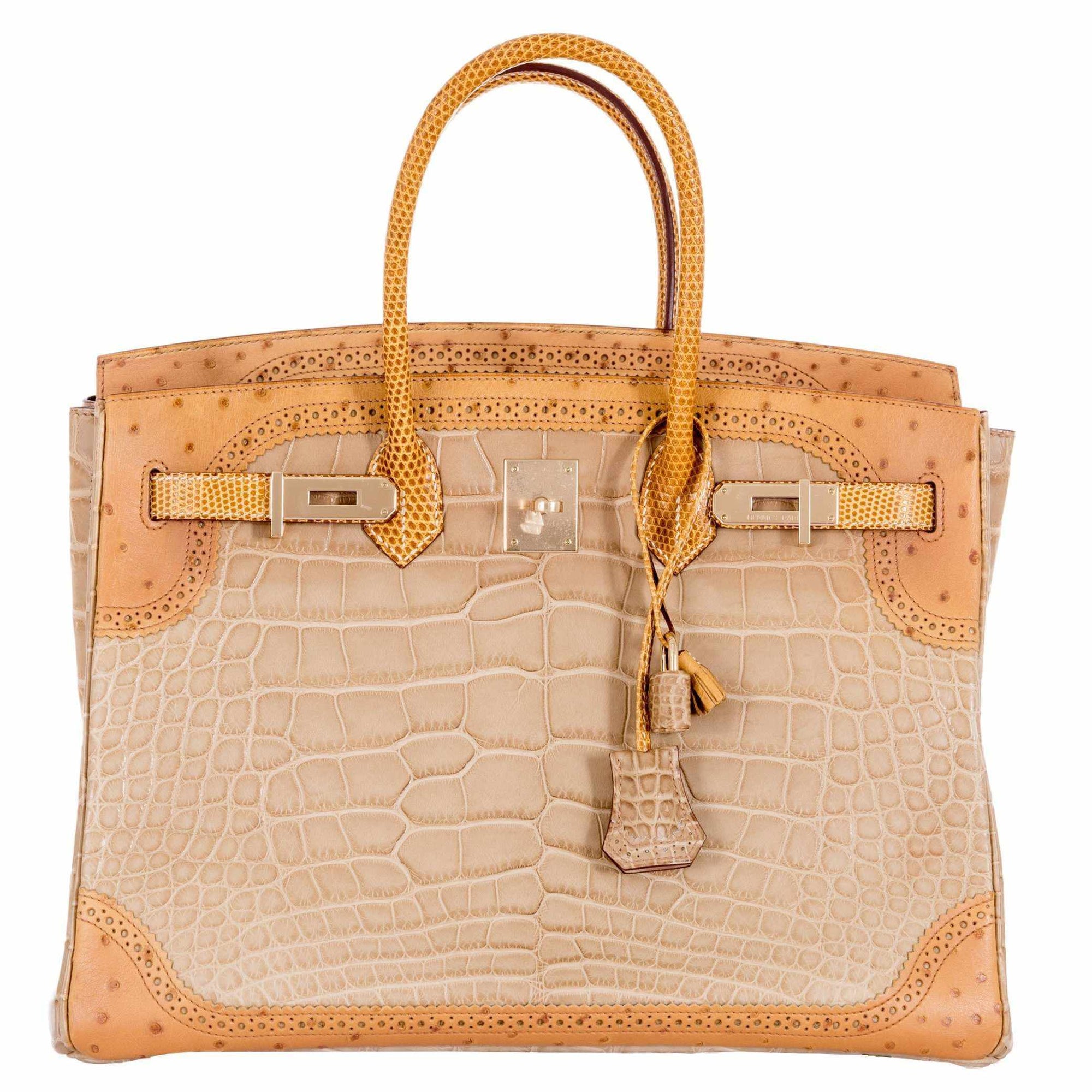 Hermès Birkin 35 Ghillies Grand Marriage Poussière Matte Alligator Tabac Camel Ostrich Sesame Lizard Permabrass Hardware