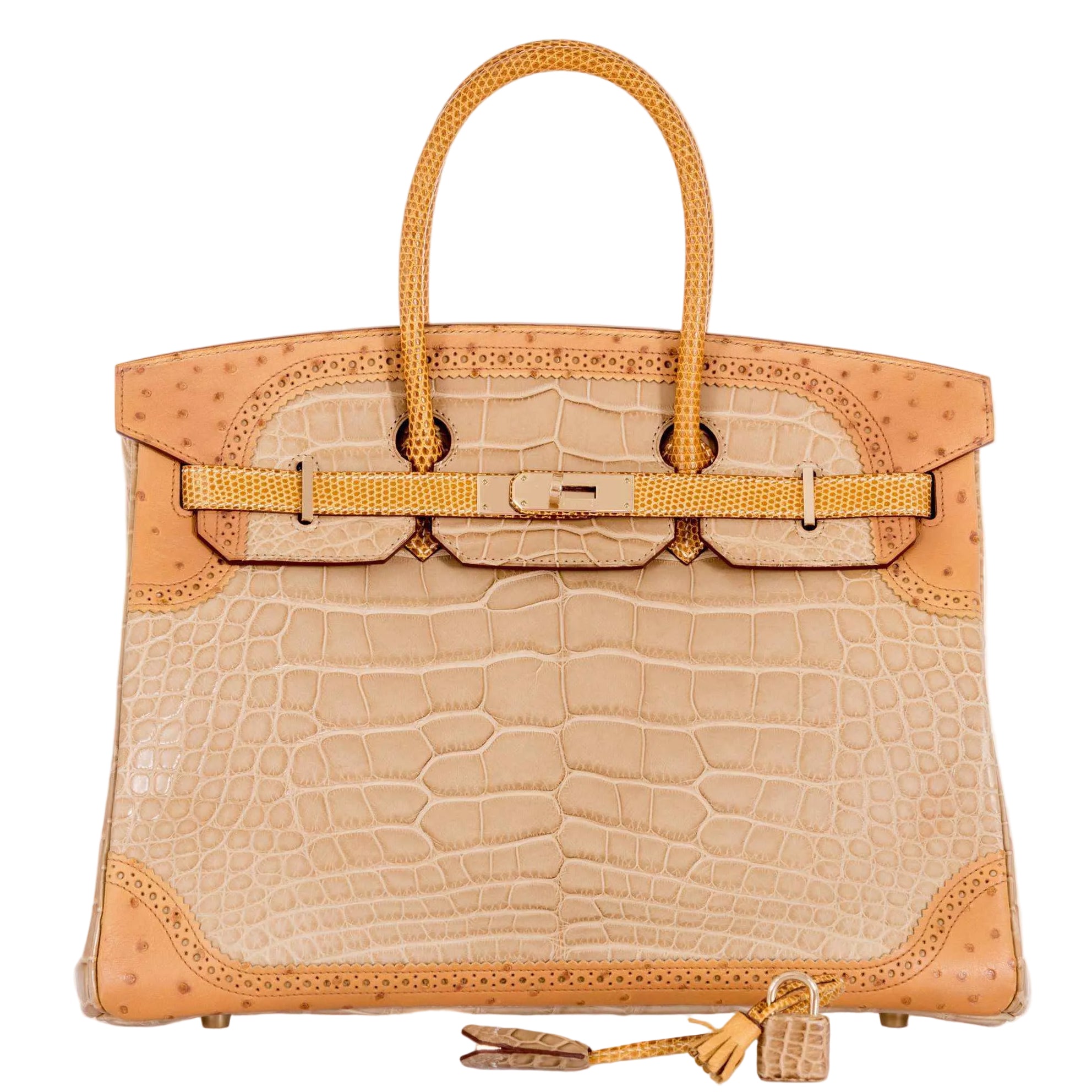 Hermès Birkin 35 Ghillies Grand Marriage Poussière Matte Alligator Tabac Camel Ostrich Sesame Lizard Permabrass Hardware