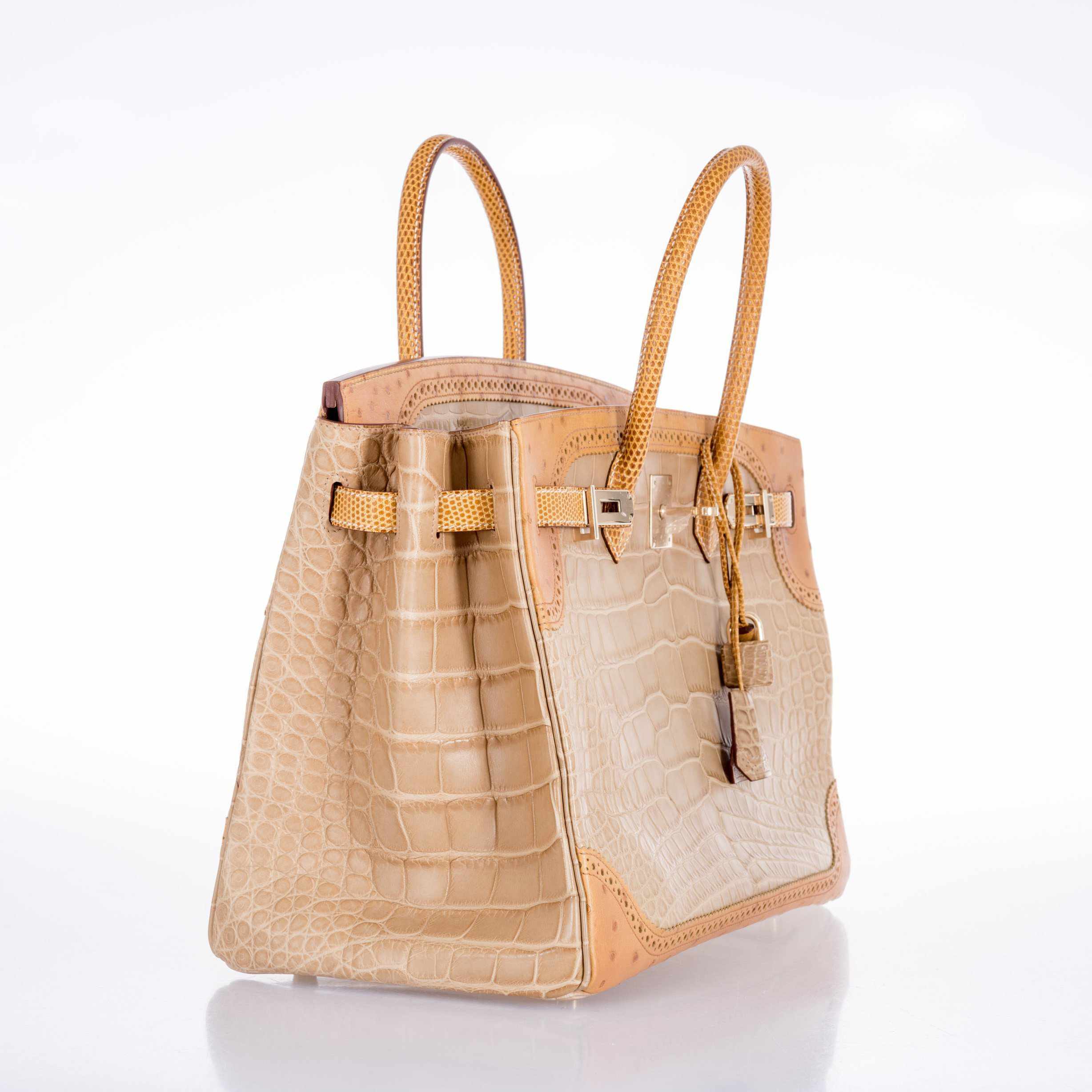 Hermès Birkin 35 Ghillies Grand Marriage Poussière Matte Alligator Tabac Camel Ostrich Sesame Lizard Permabrass Hardware