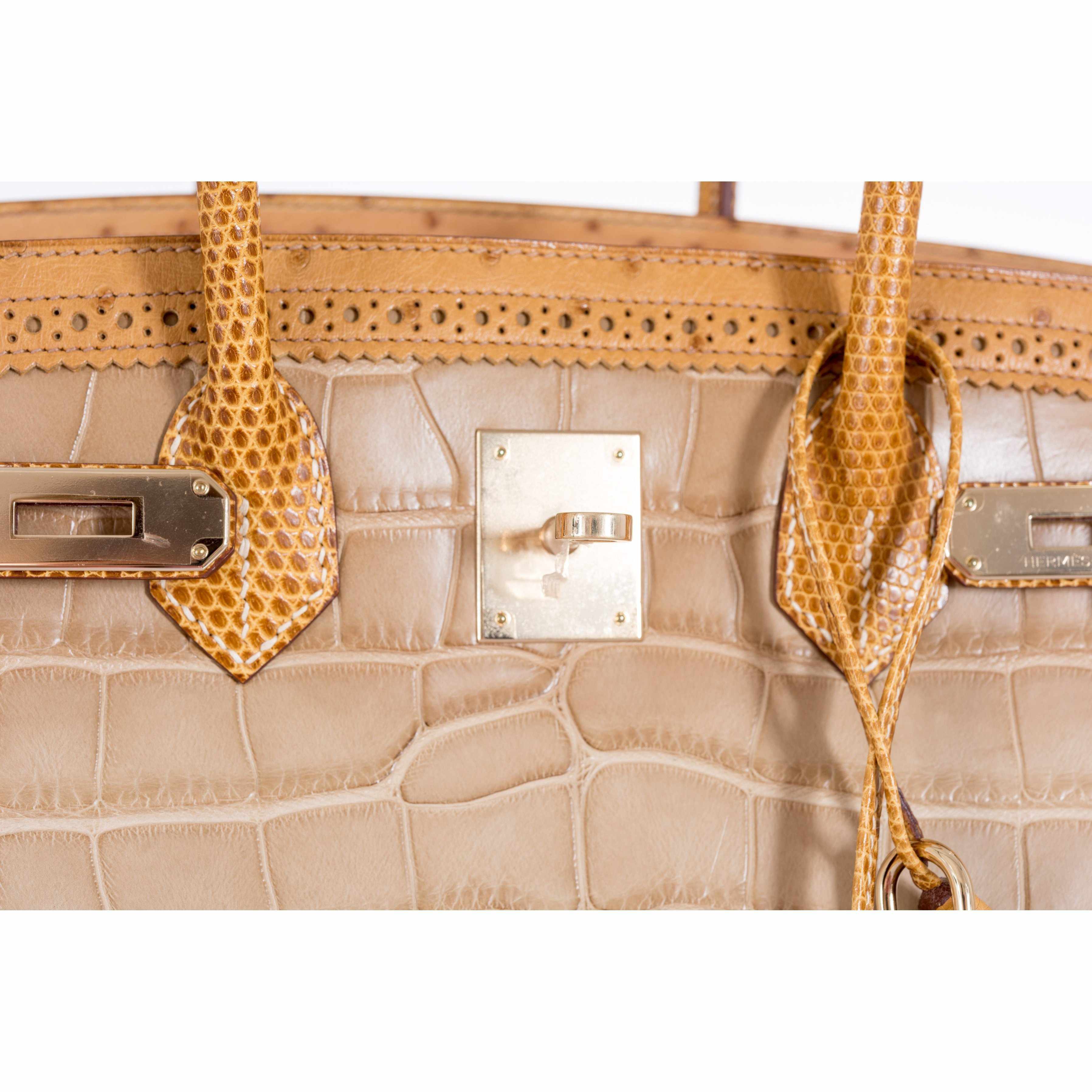 Hermès Birkin 35 Ghillies Grand Marriage Poussière Matte Alligator Tabac Camel Ostrich Sesame Lizard Permabrass Hardware