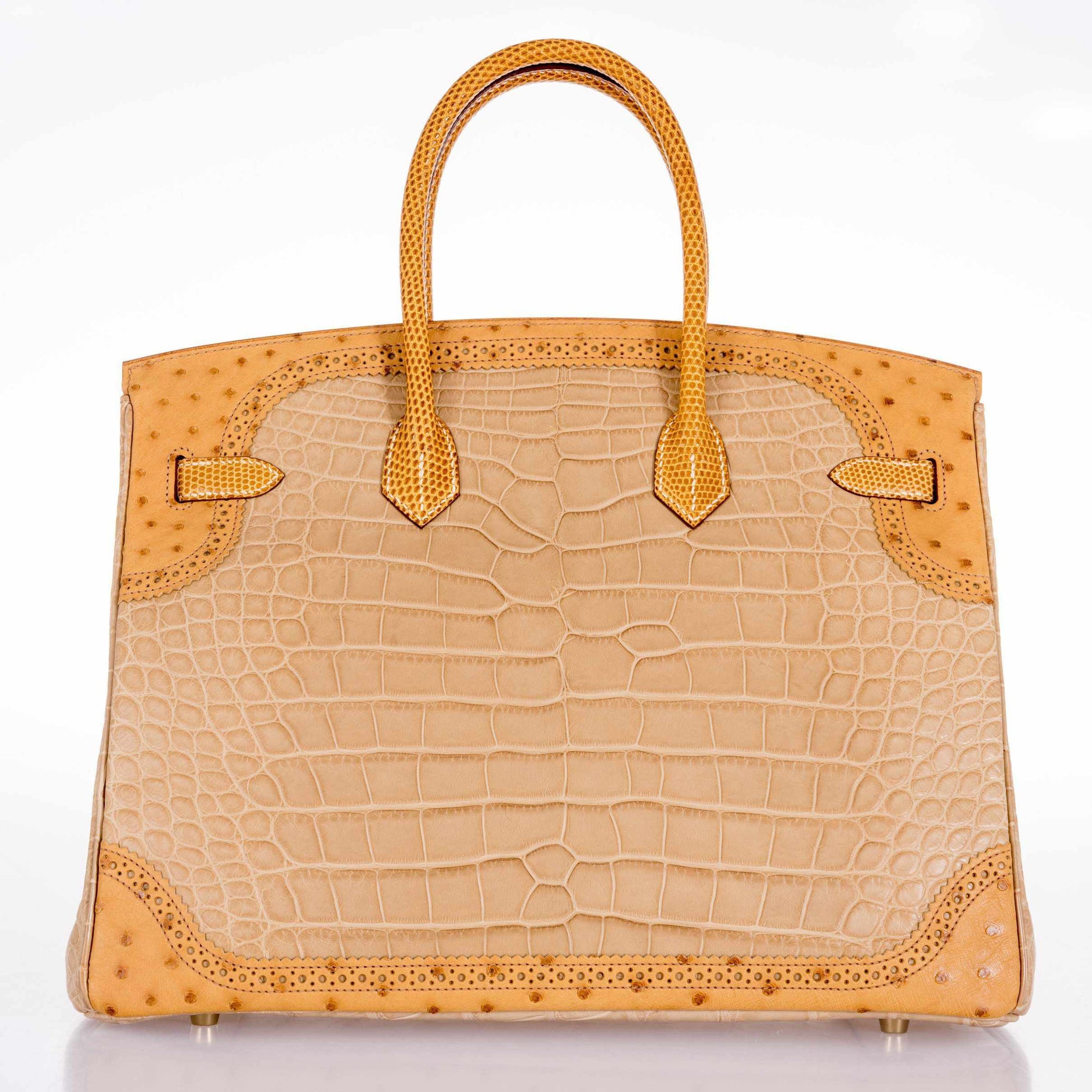 Hermès Birkin 35 Ghillies Grand Marriage Poussière Matte Alligator Tabac Camel Ostrich Sesame Lizard Permabrass Hardware