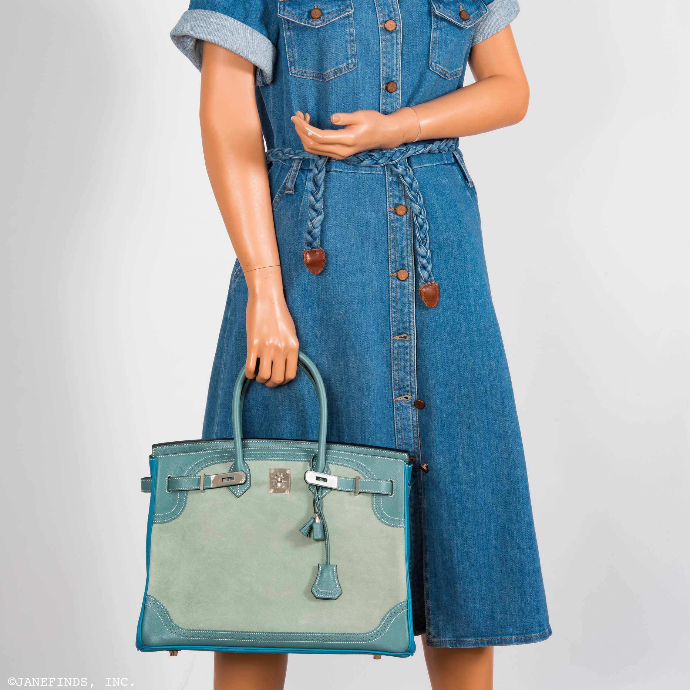 Hermès Birkin 35 "Ghillies" Limited Edition Turquoise & Ciel Evergrain, Swift & Veau Doblis Suede