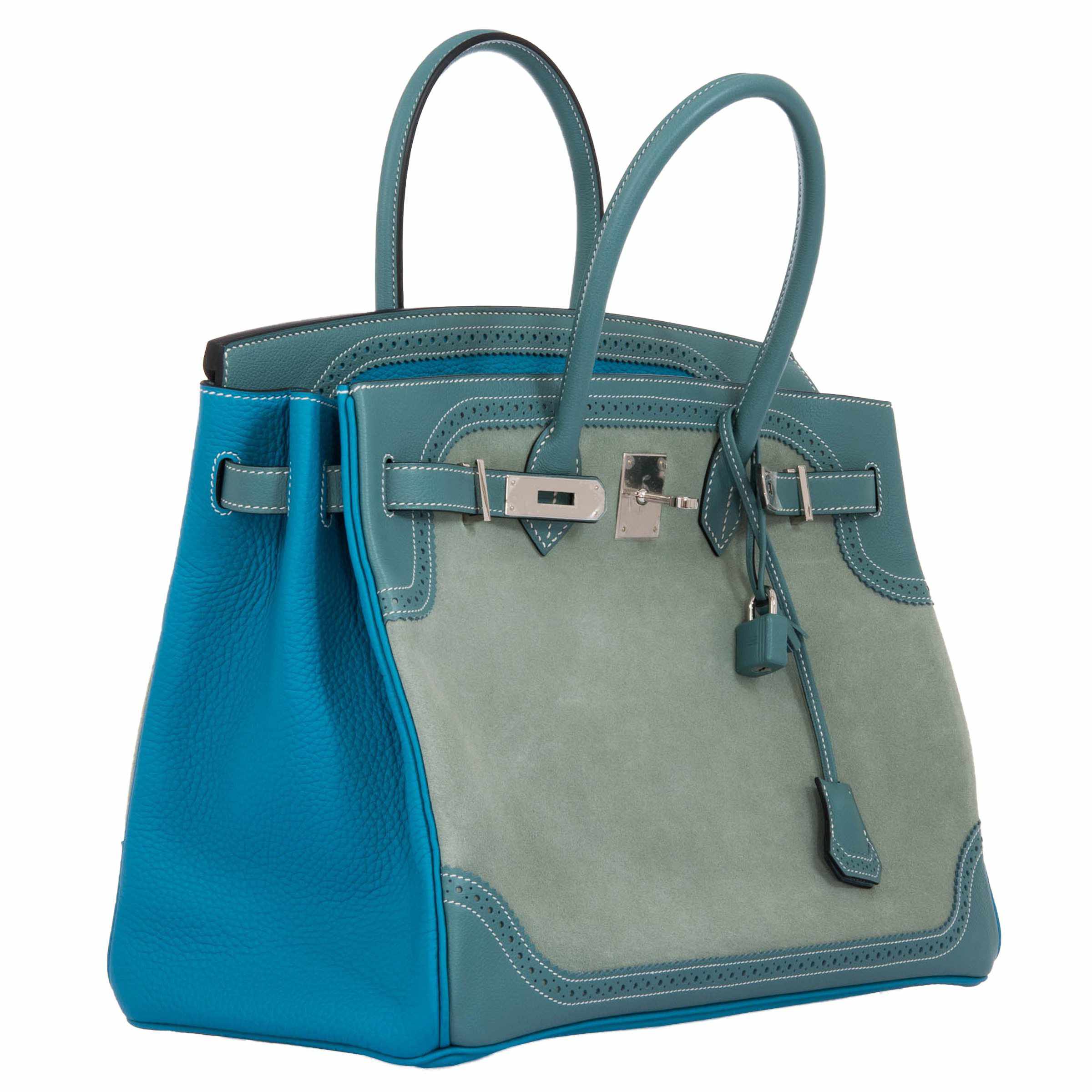 Hermès Birkin 35 "Ghillies" Limited Edition Turquoise & Ciel Evergrain, Swift & Veau Doblis Suede