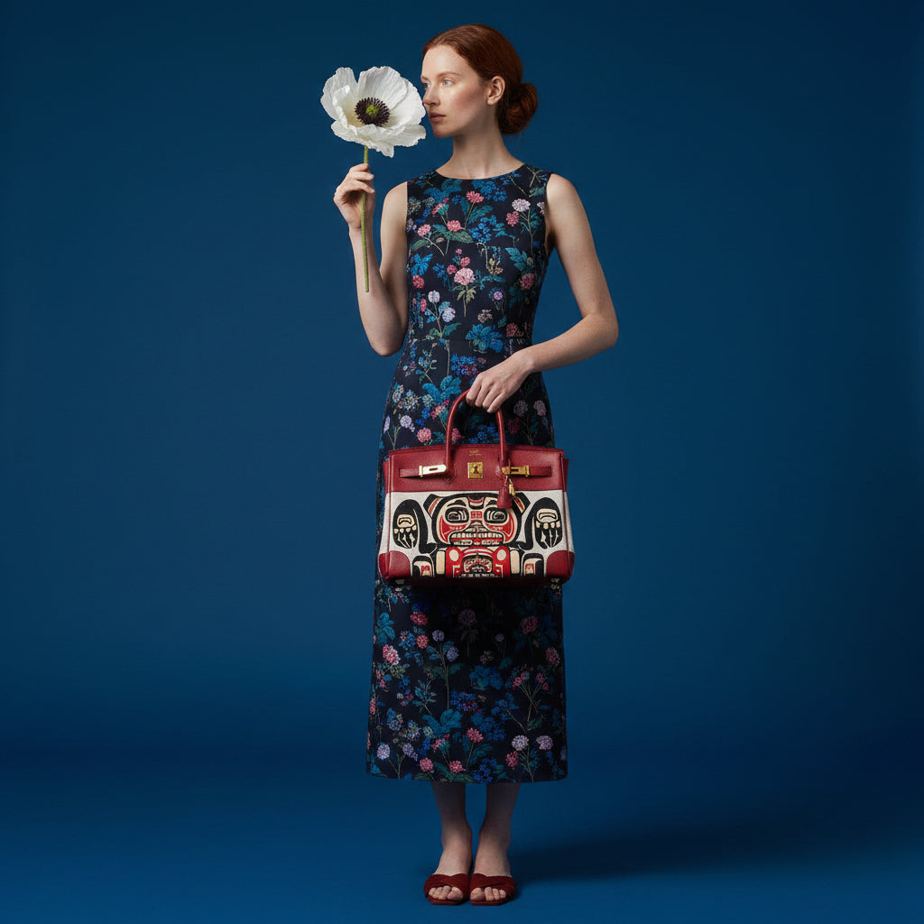 Hermès Birkin 35 JaneFinds Custom Shop "Totem" Rouge Vif Courchevel & Toile Gold Hardware