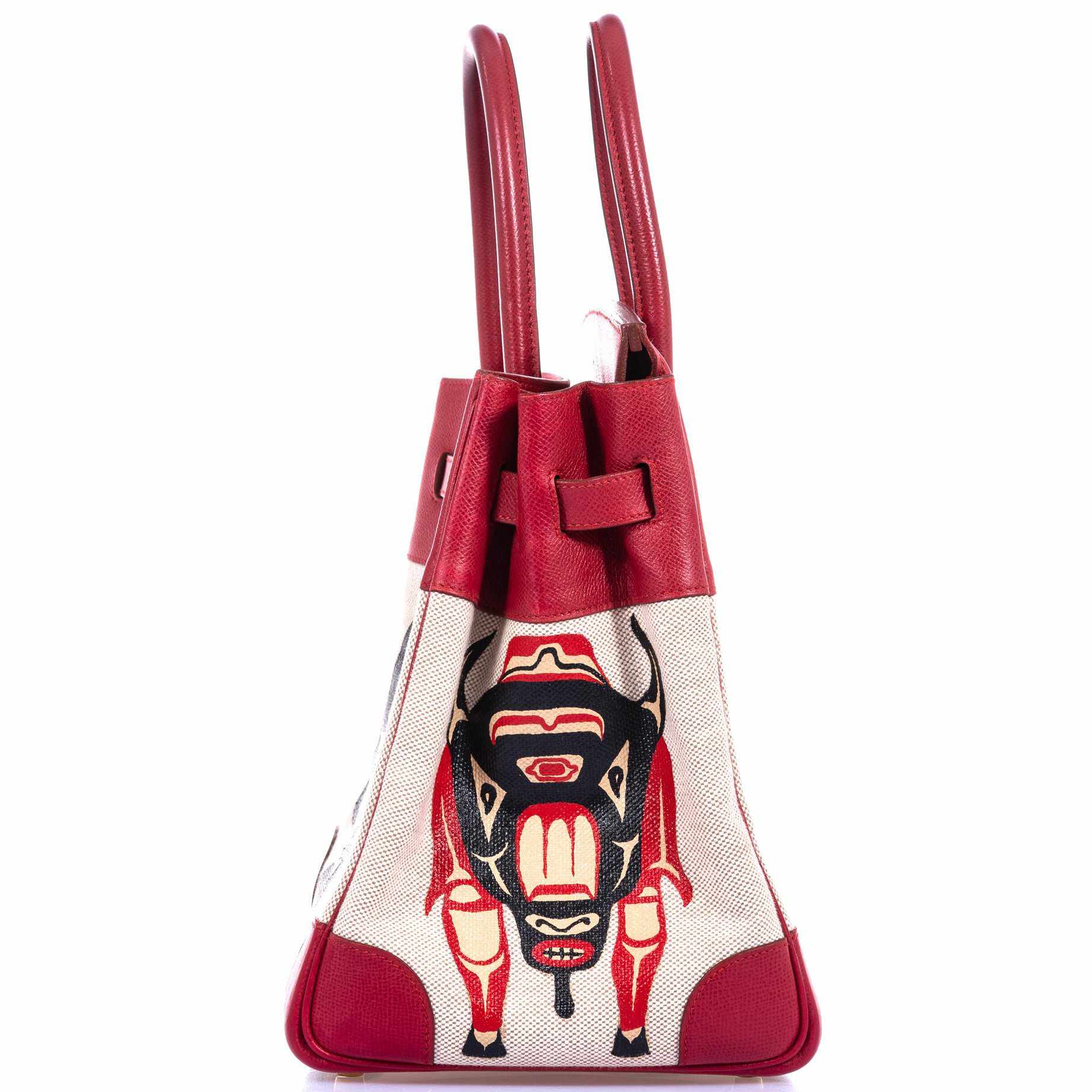 Hermès Birkin 35 JaneFinds Custom Shop "Totem" Rouge Vif Courchevel & Toile Gold Hardware