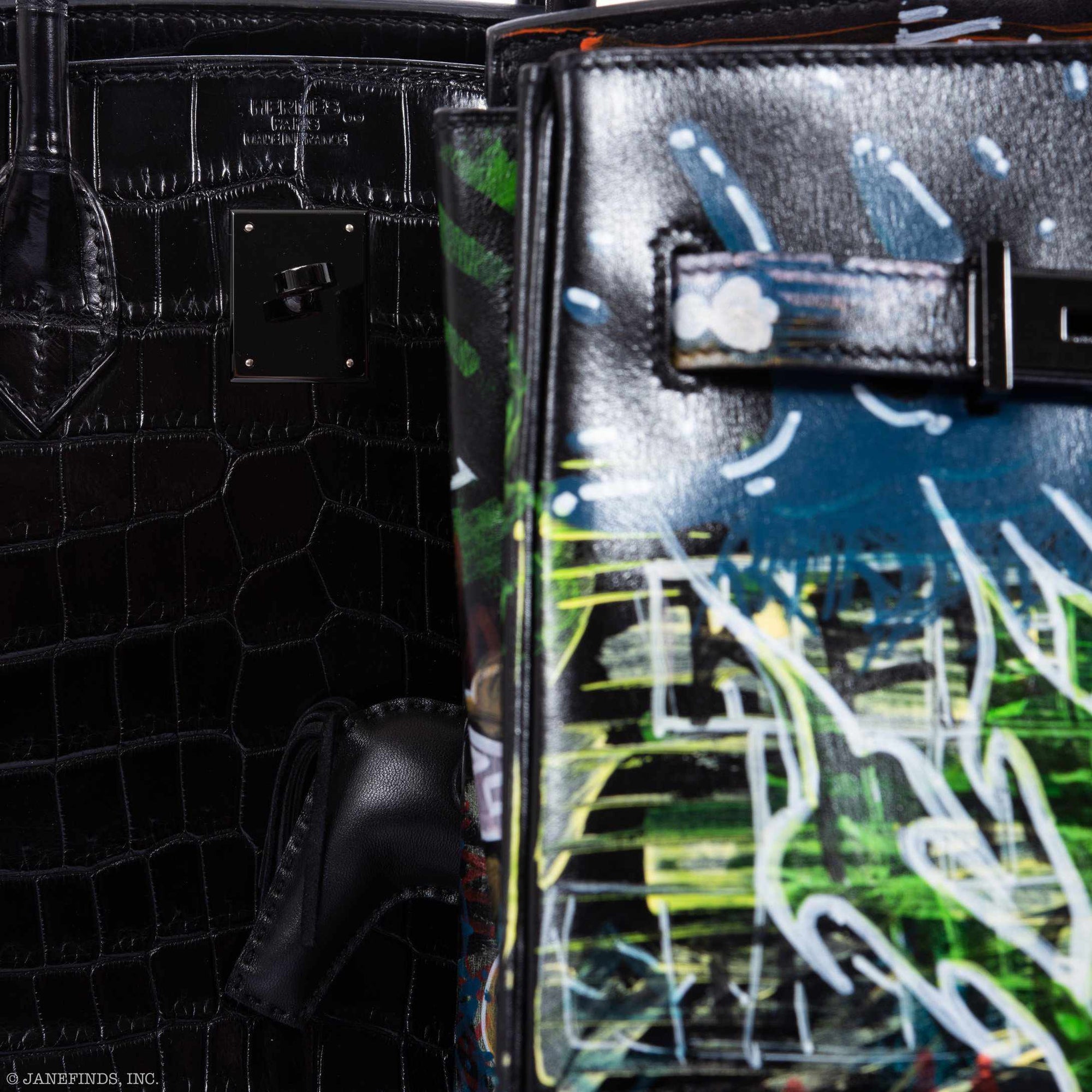 Hermès Birkin 35 SO BLACK "Graffiti" * JaneFinds Custom Shop SO BLACK Hardware