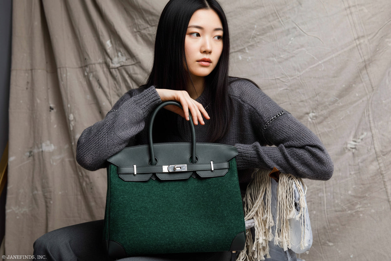 Hermès Birkin 35 Vert Fonce Feutre Wool & Vert Anglais Swift Palladium Hardware