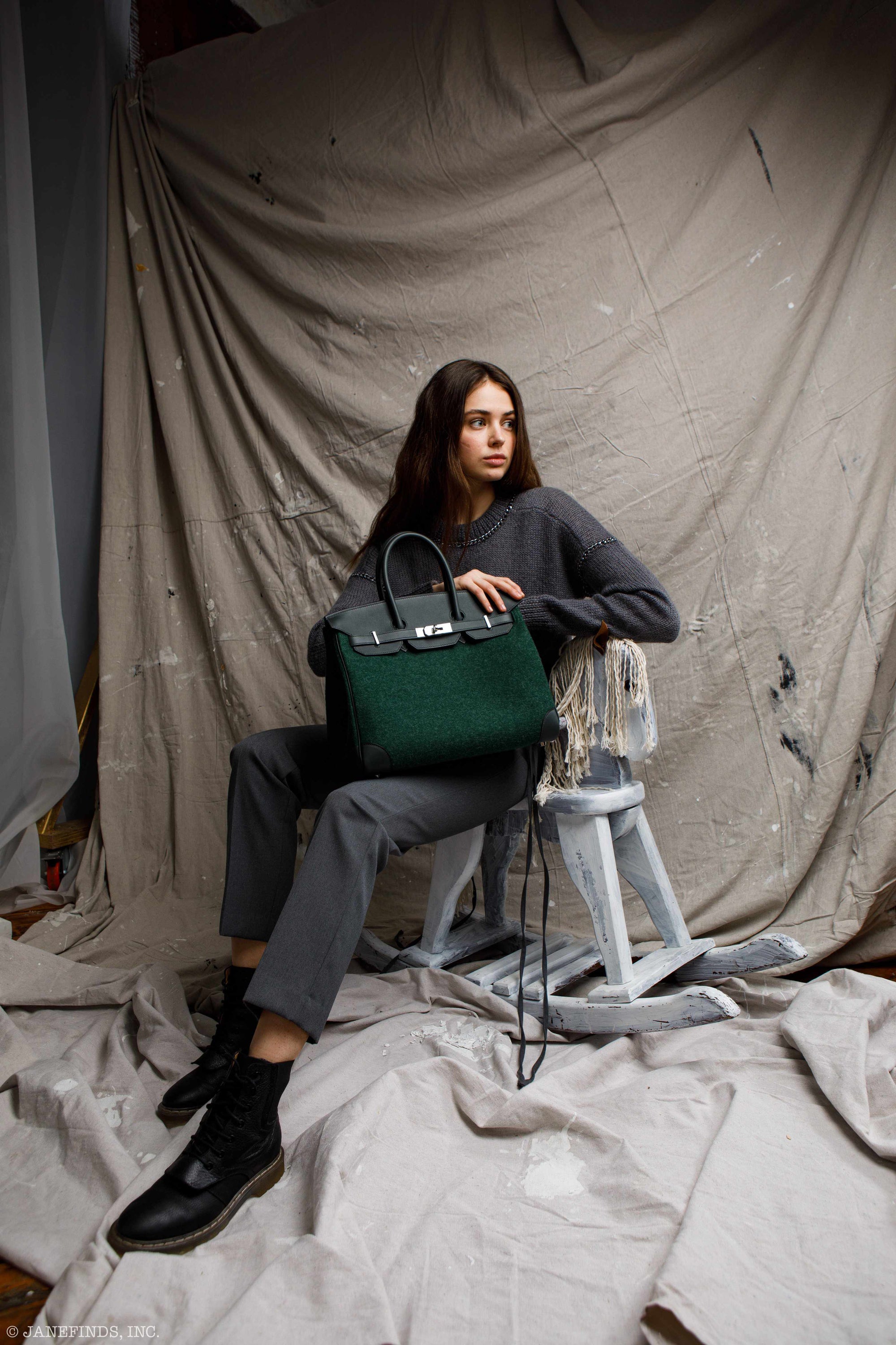 Hermès Birkin 35 Vert Fonce Feutre Wool & Vert Anglais Swift Palladium Hardware