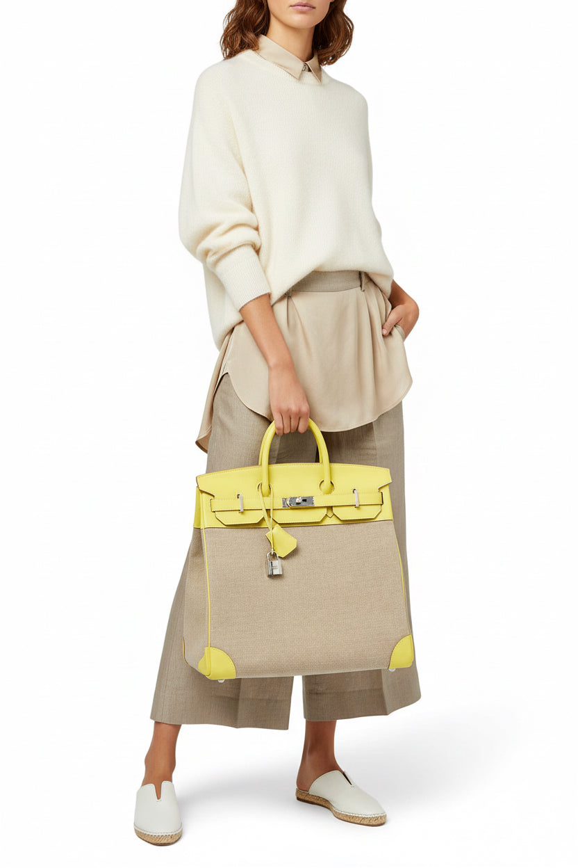 Hermès Birkin 40 HAC Lime & Ficelle Evercolor Toile De Camp Palladium Hardware