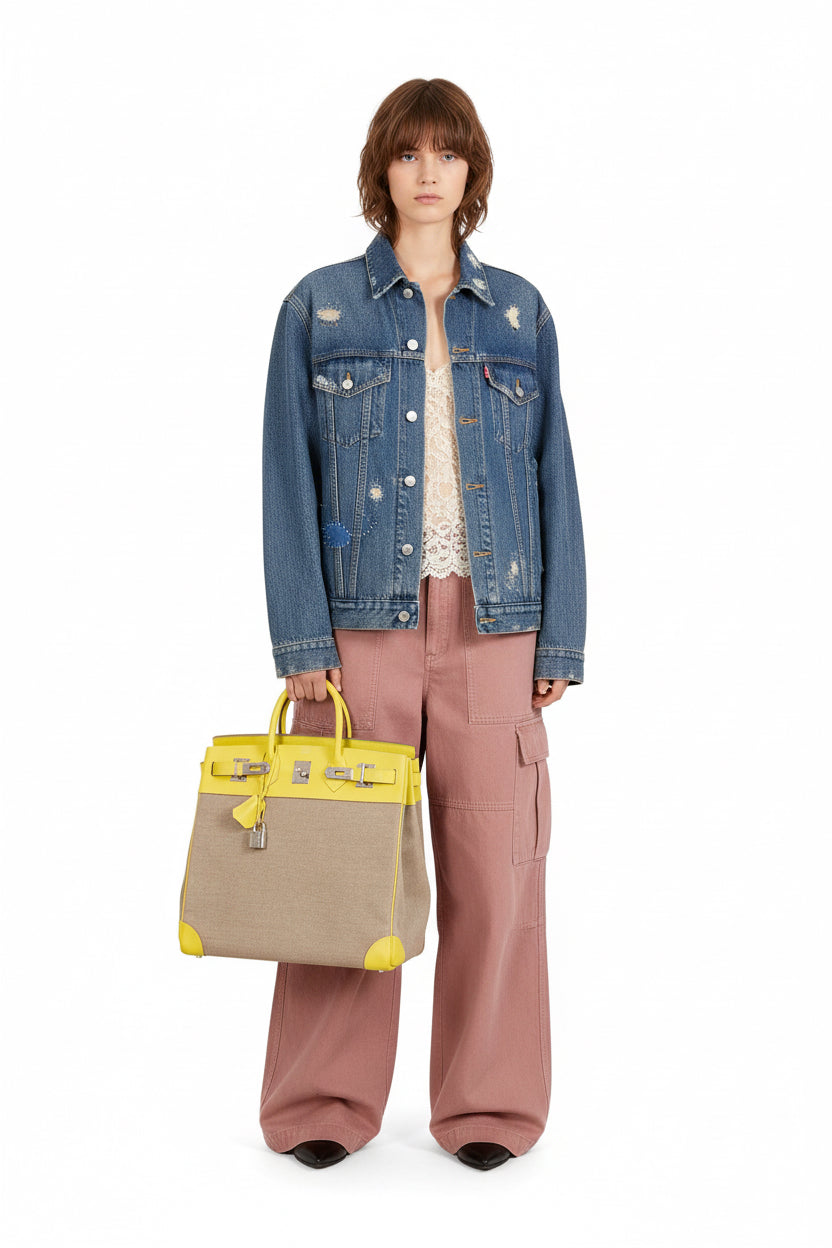 Hermès Birkin 40 HAC Lime & Ficelle Evercolor Toile De Camp Palladium Hardware