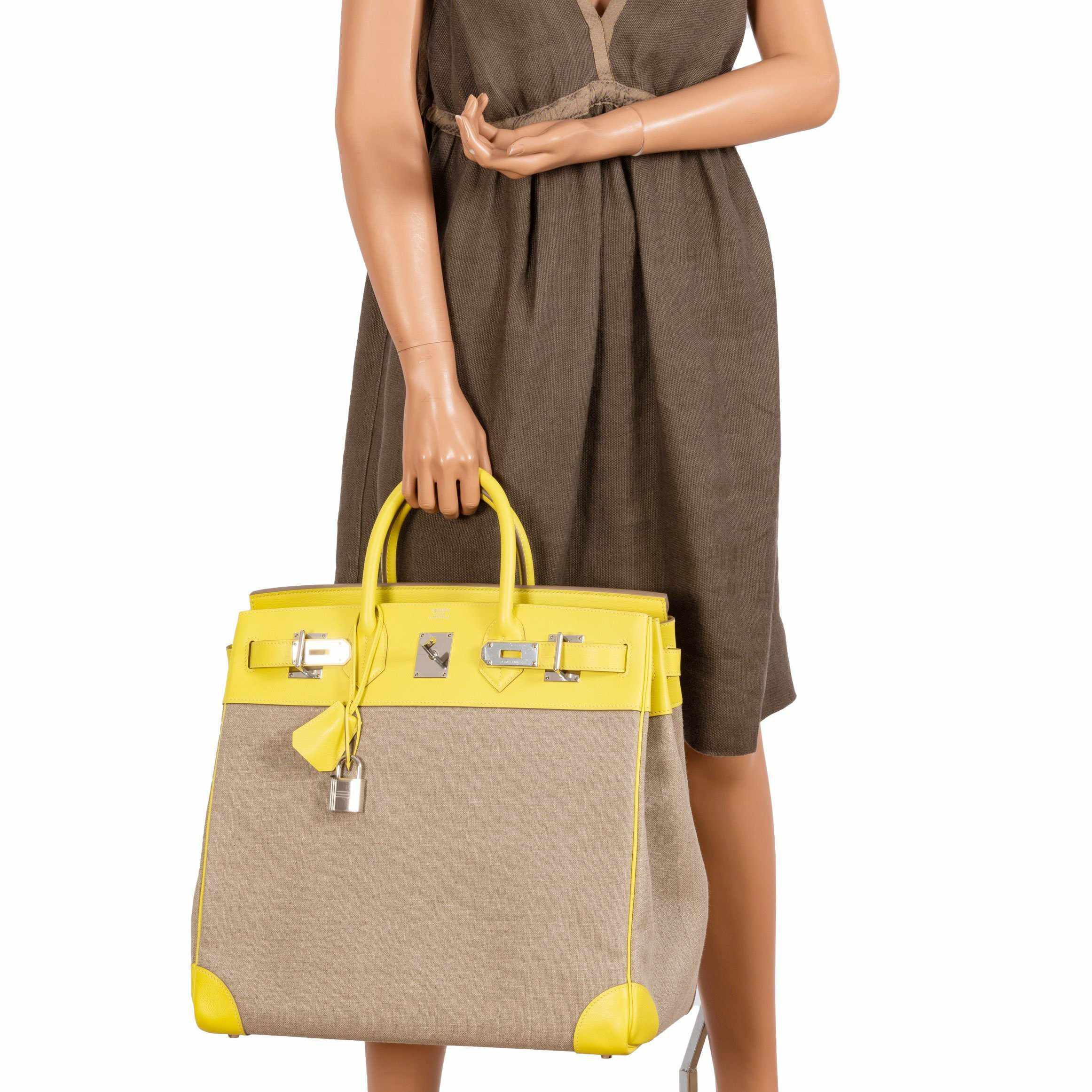 Hermès Birkin 40 HAC Lime & Ficelle Evercolor Toile De Camp Palladium Hardware - Runway