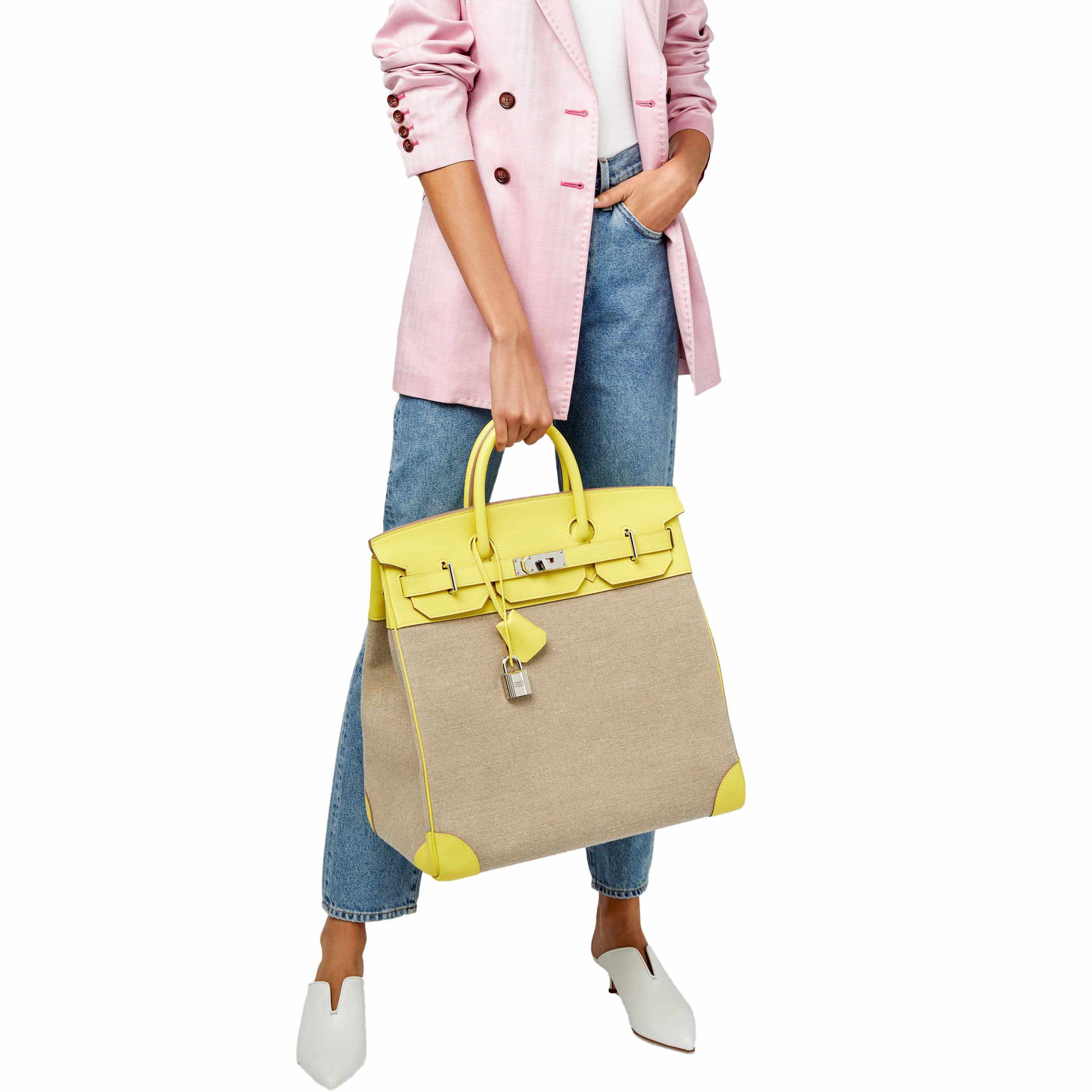 Hermès Birkin 40 HAC Lime & Ficelle Evercolor Toile De Camp Palladium Hardware - Runway
