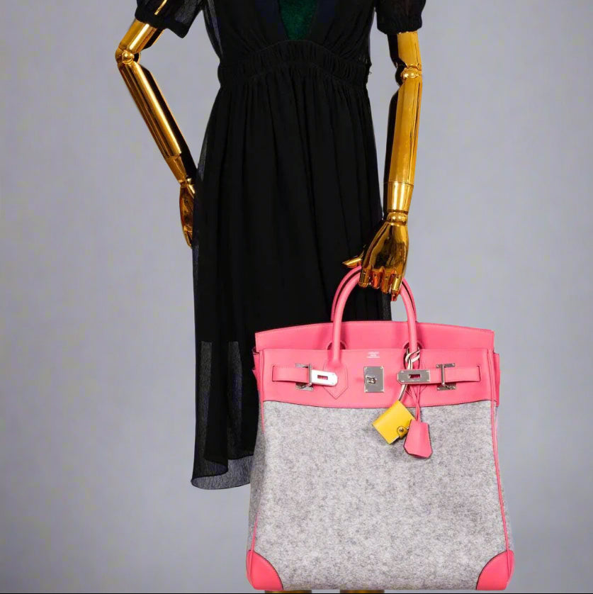 Hermès Birkin 40 HAC Rose Azalée Evercolor leather and Gris Clair Wool Toudou Palladium Hardware