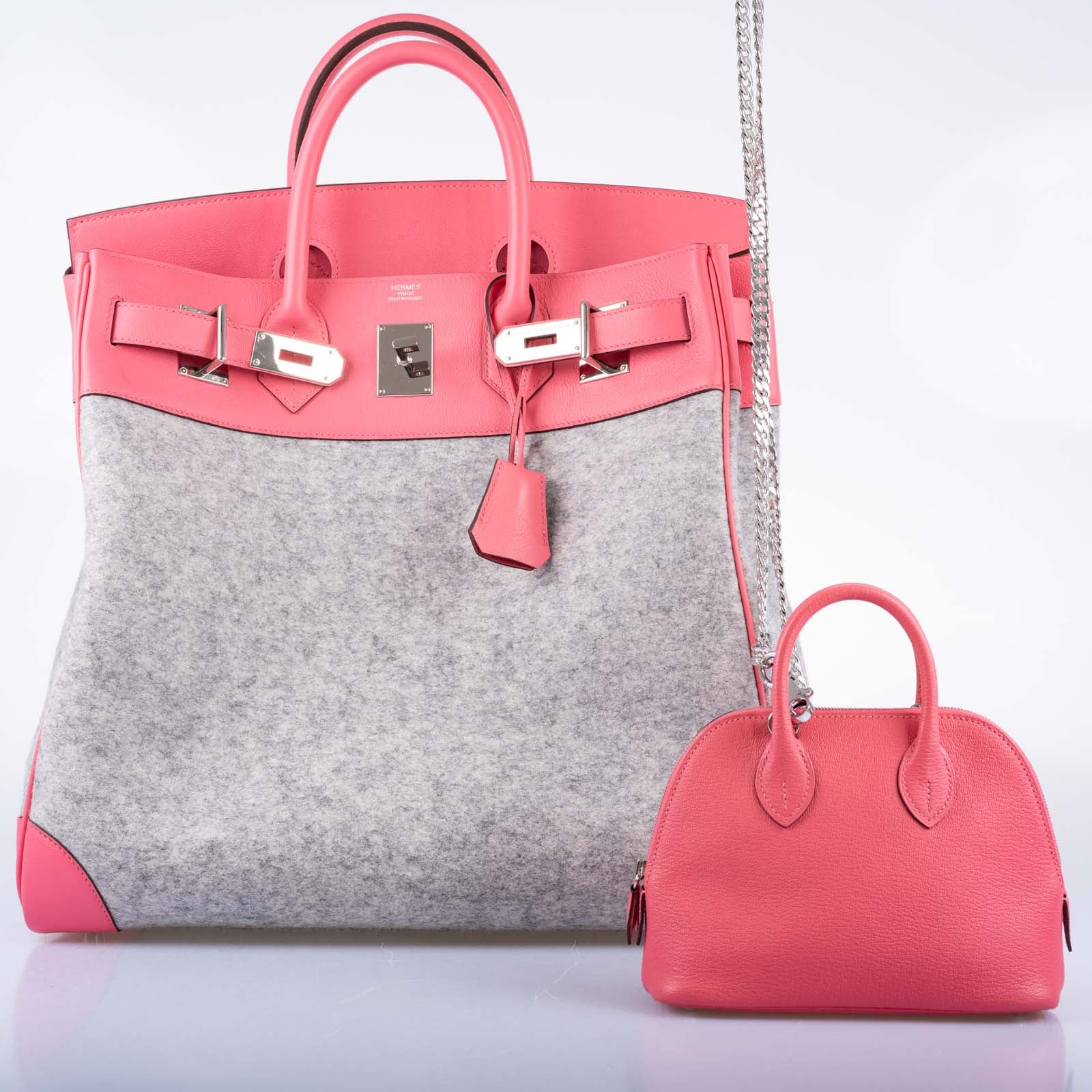 Hermès Birkin 40 HAC Rose Azalée Evercolor leather and Gris Clair Wool Toudou Palladium Hardware